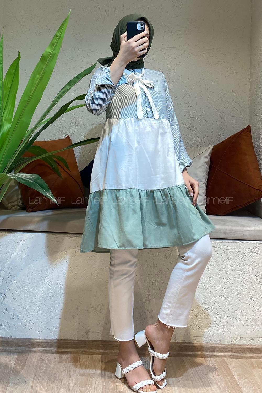 Modalamelif Yaka Kravat Garnili Tunik Çağla Yeşili