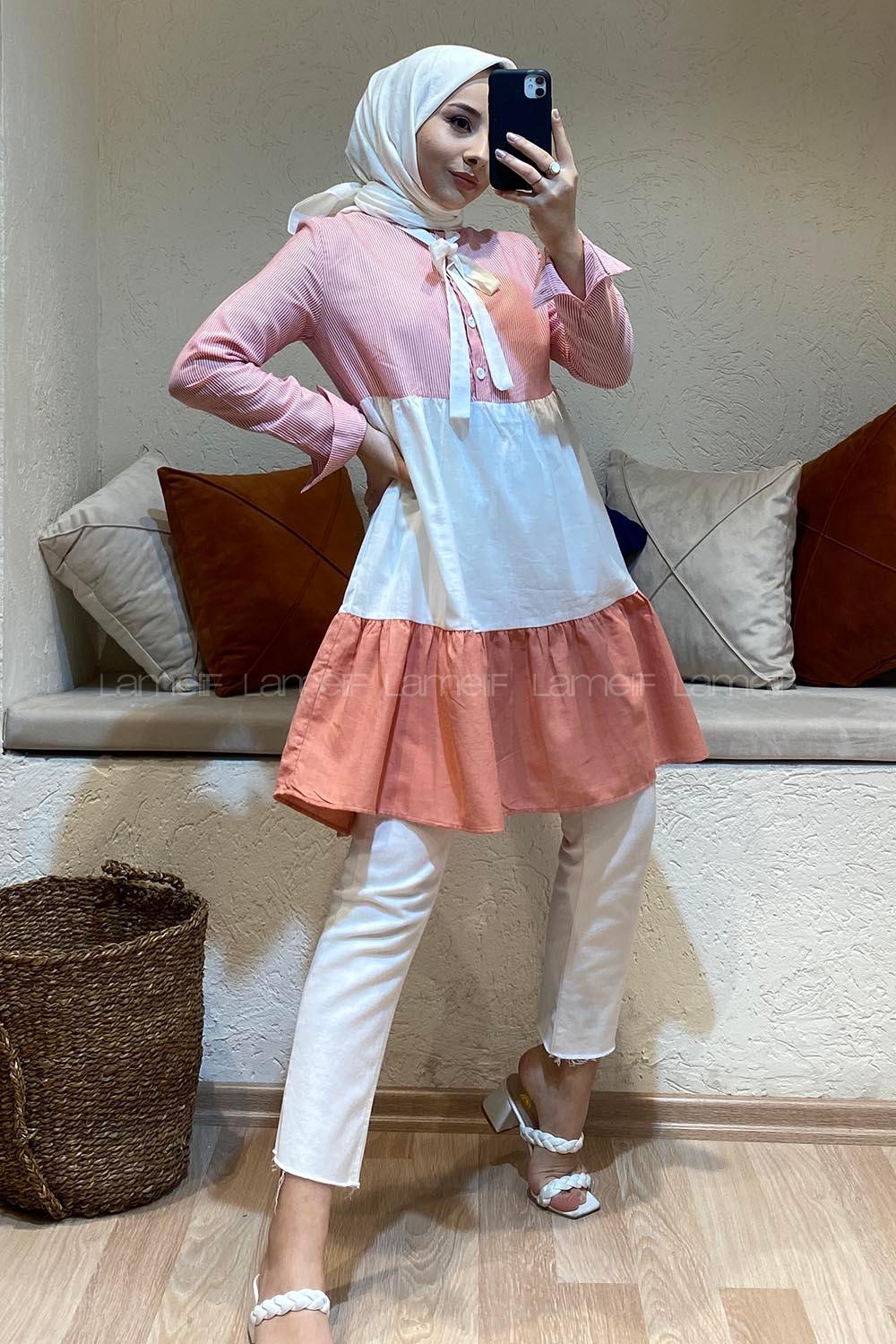 Modalamelif Yaka Kravat Garnili Tunik Gül