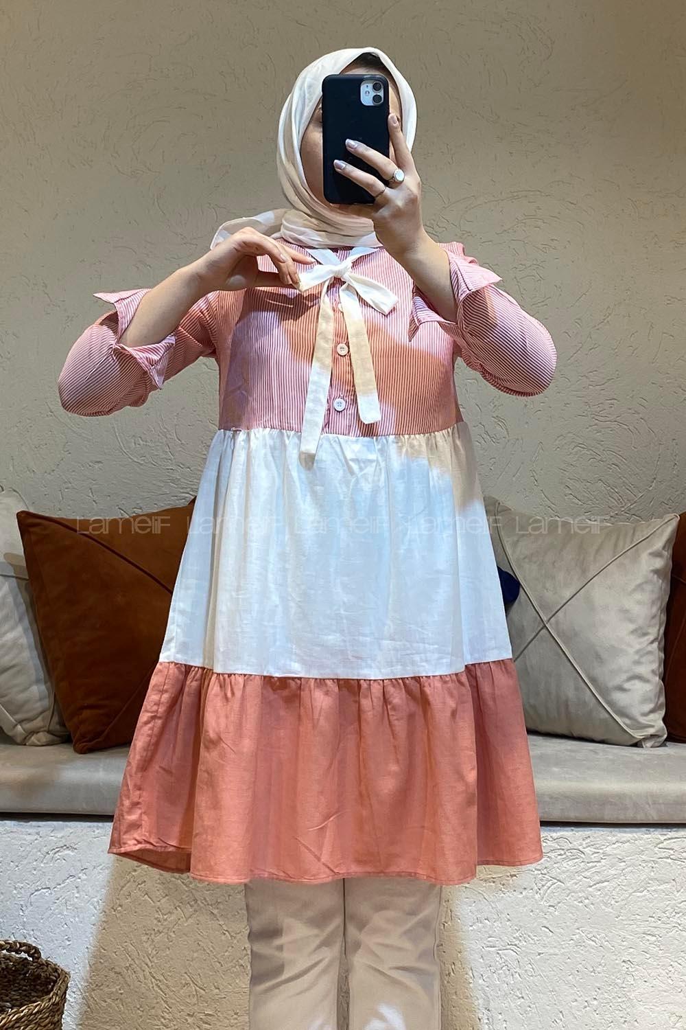 Modalamelif Yaka Kravat Garnili Tunik Gül