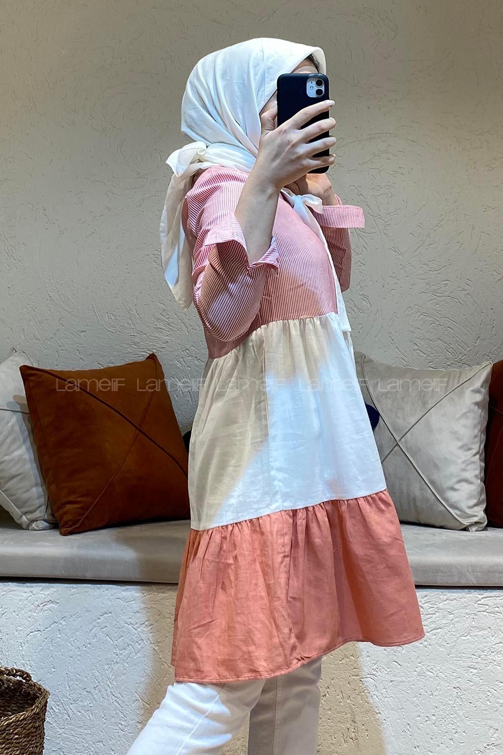 Modalamelif Yaka Kravat Garnili Tunik Gül