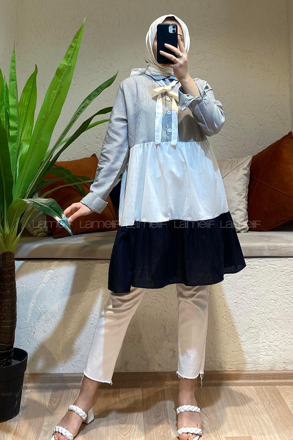 Modalamelif Yaka Kravat Garnili Tunik Siyah