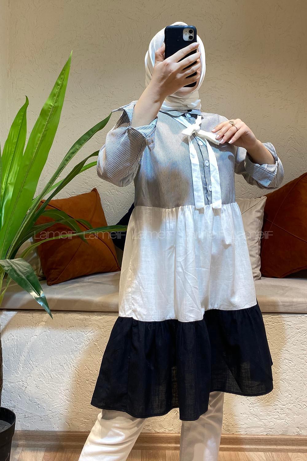 Modalamelif Yaka Kravat Garnili Tunik Siyah