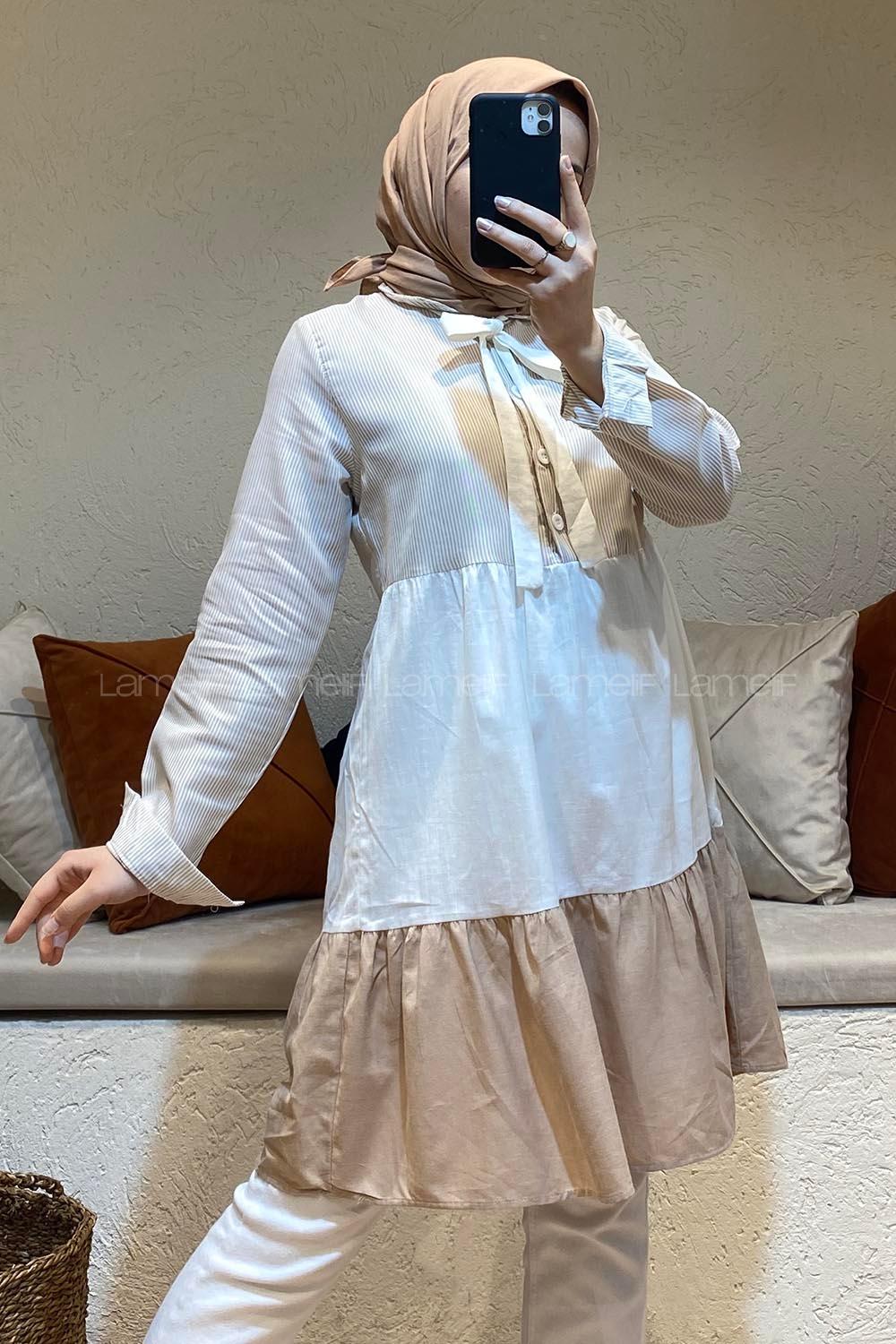 Modalamelif Yaka Kravat Garnili Tunik Sütlü Kahve