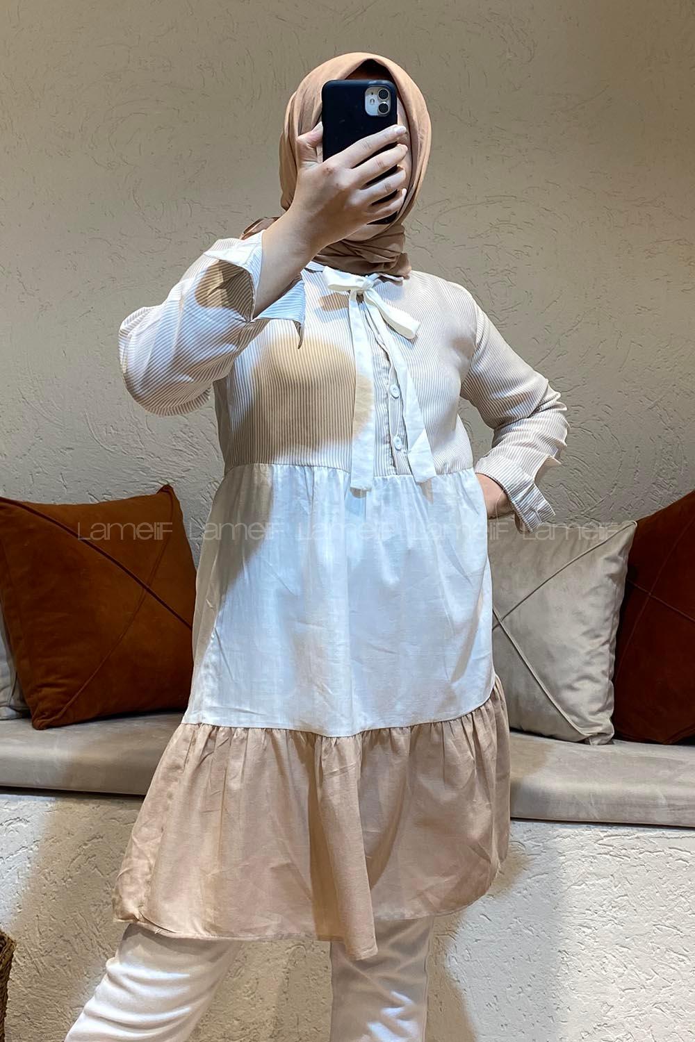 Modalamelif Yaka Kravat Garnili Tunik Sütlü Kahve