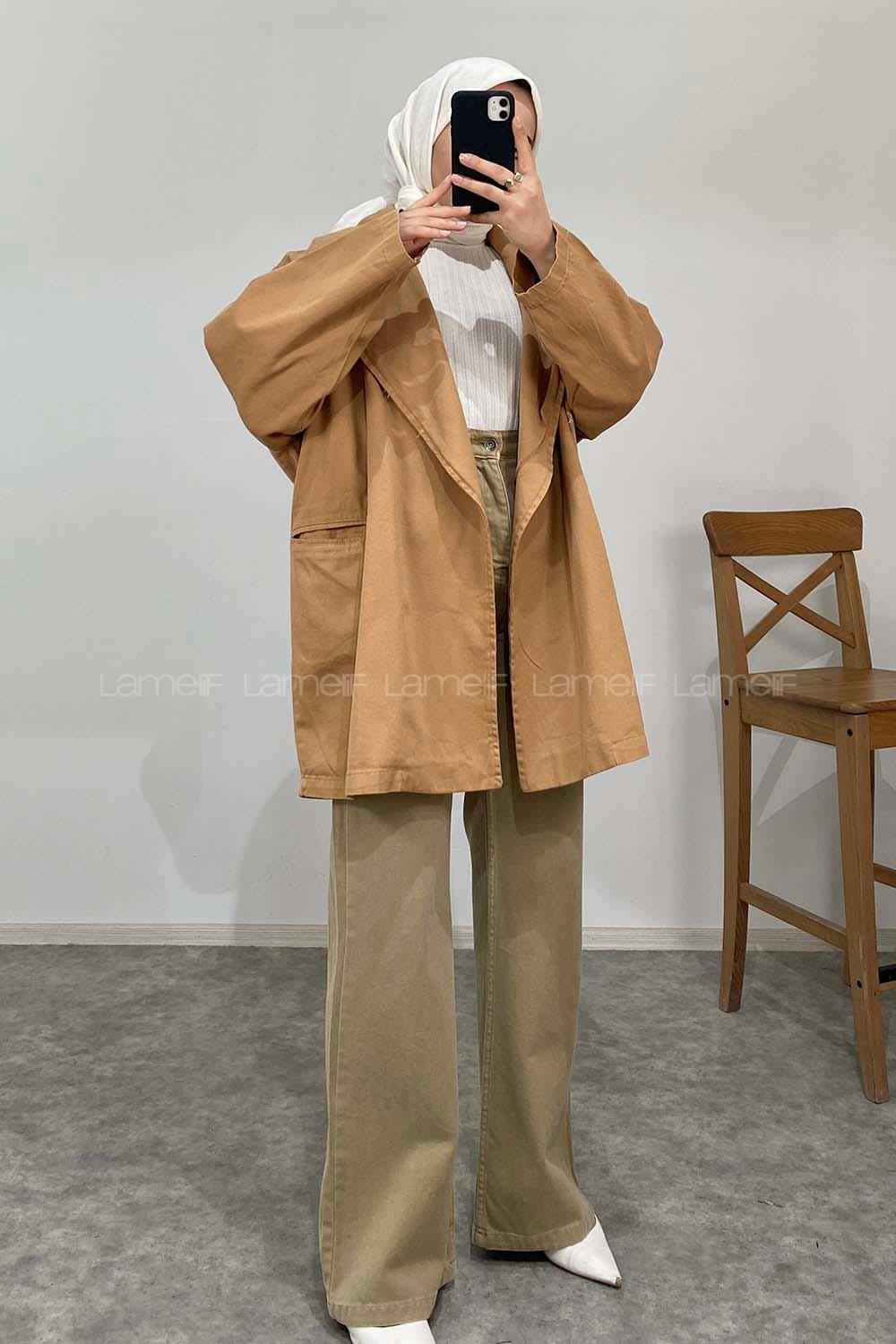 Modalamelif Arka Sırt Baskılı Oversize Ceket Camel