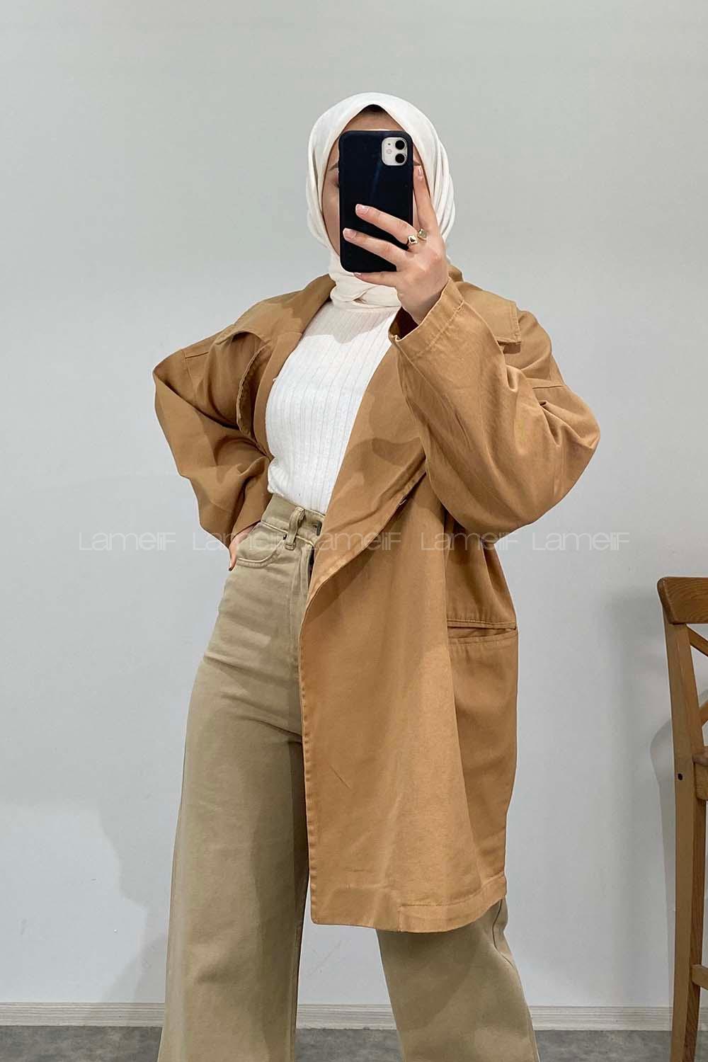 Modalamelif Arka Sırt Baskılı Oversize Ceket Camel