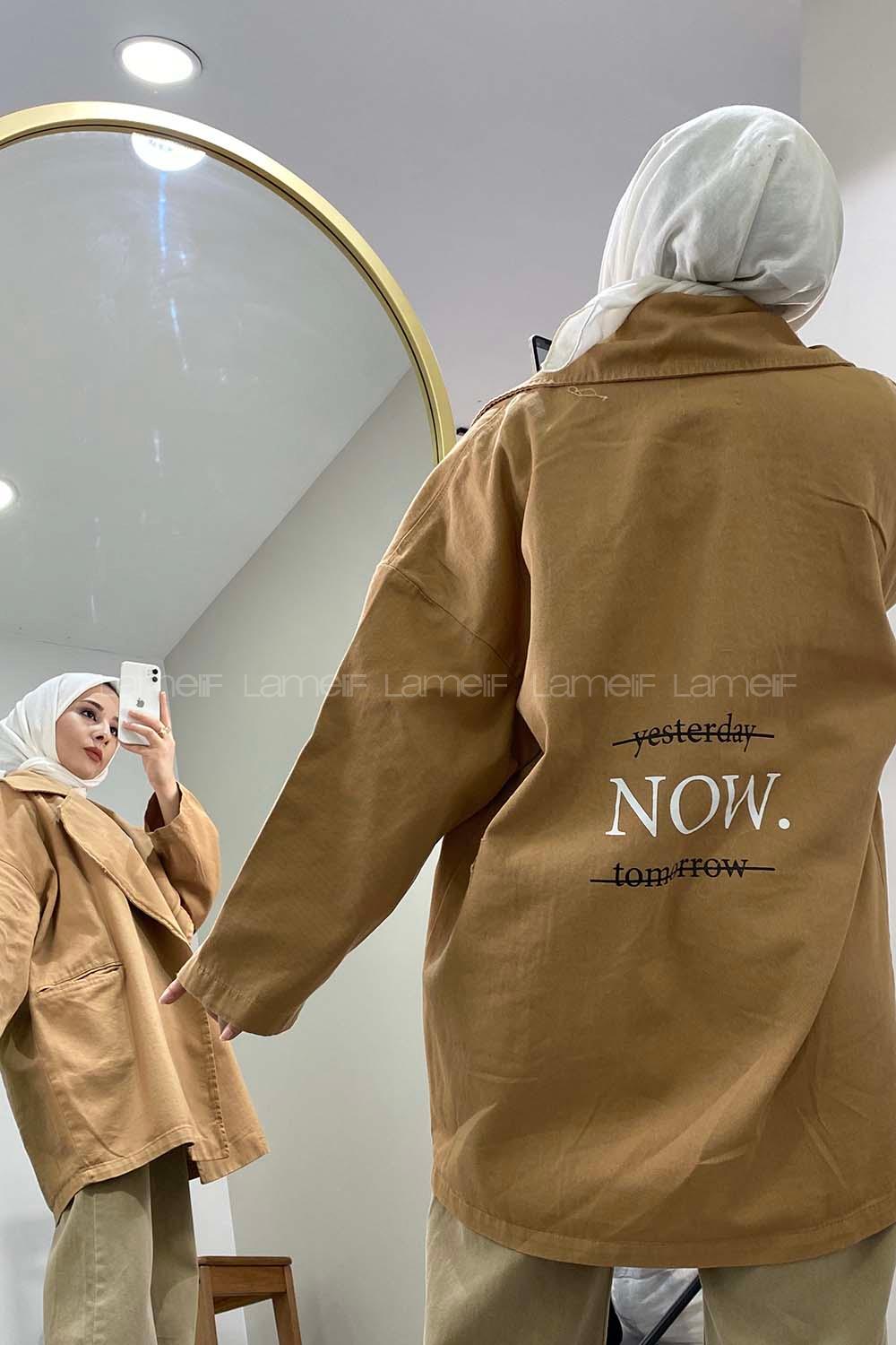 Modalamelif Arka Sırt Baskılı Oversize Ceket Camel