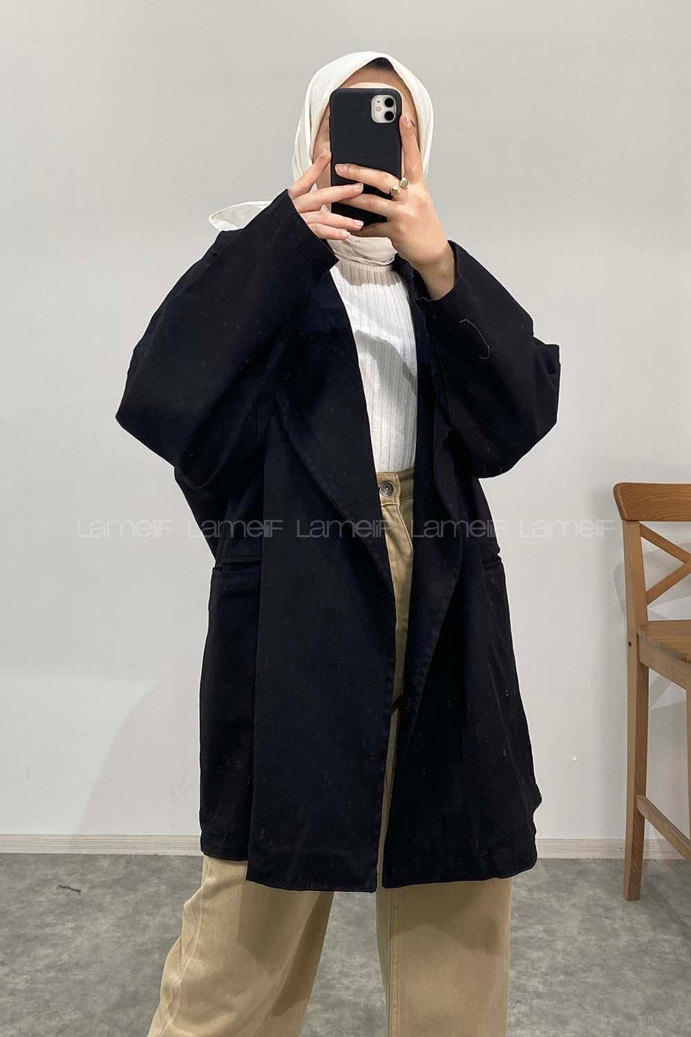 Modalamelif Arka Sırt Baskılı Oversize Ceket Siyah