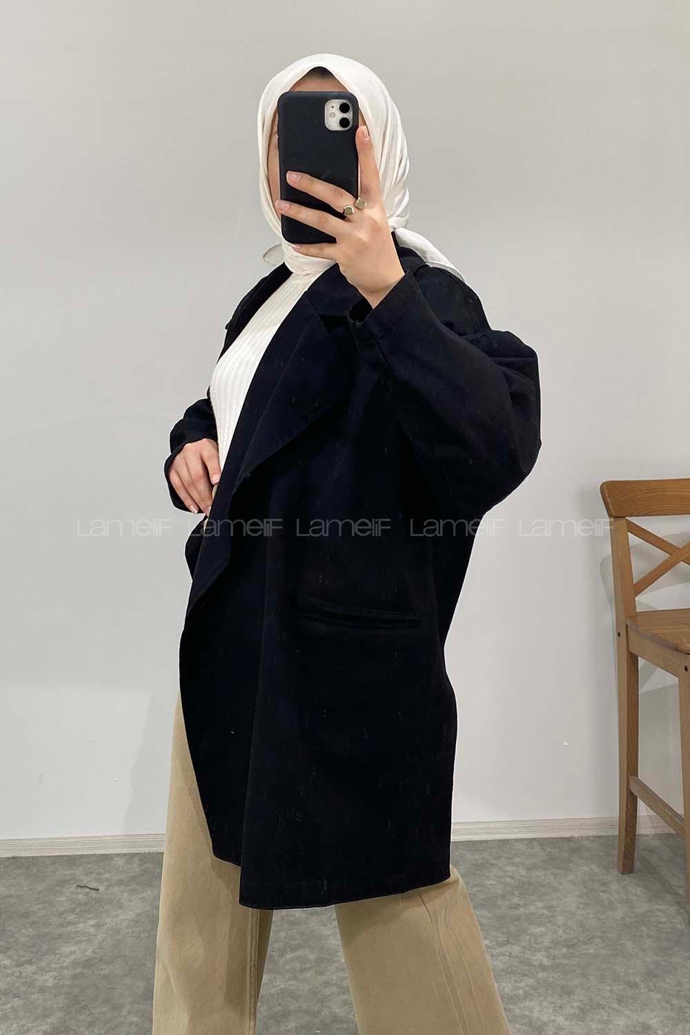 Modalamelif Arka Sırt Baskılı Oversize Ceket Siyah