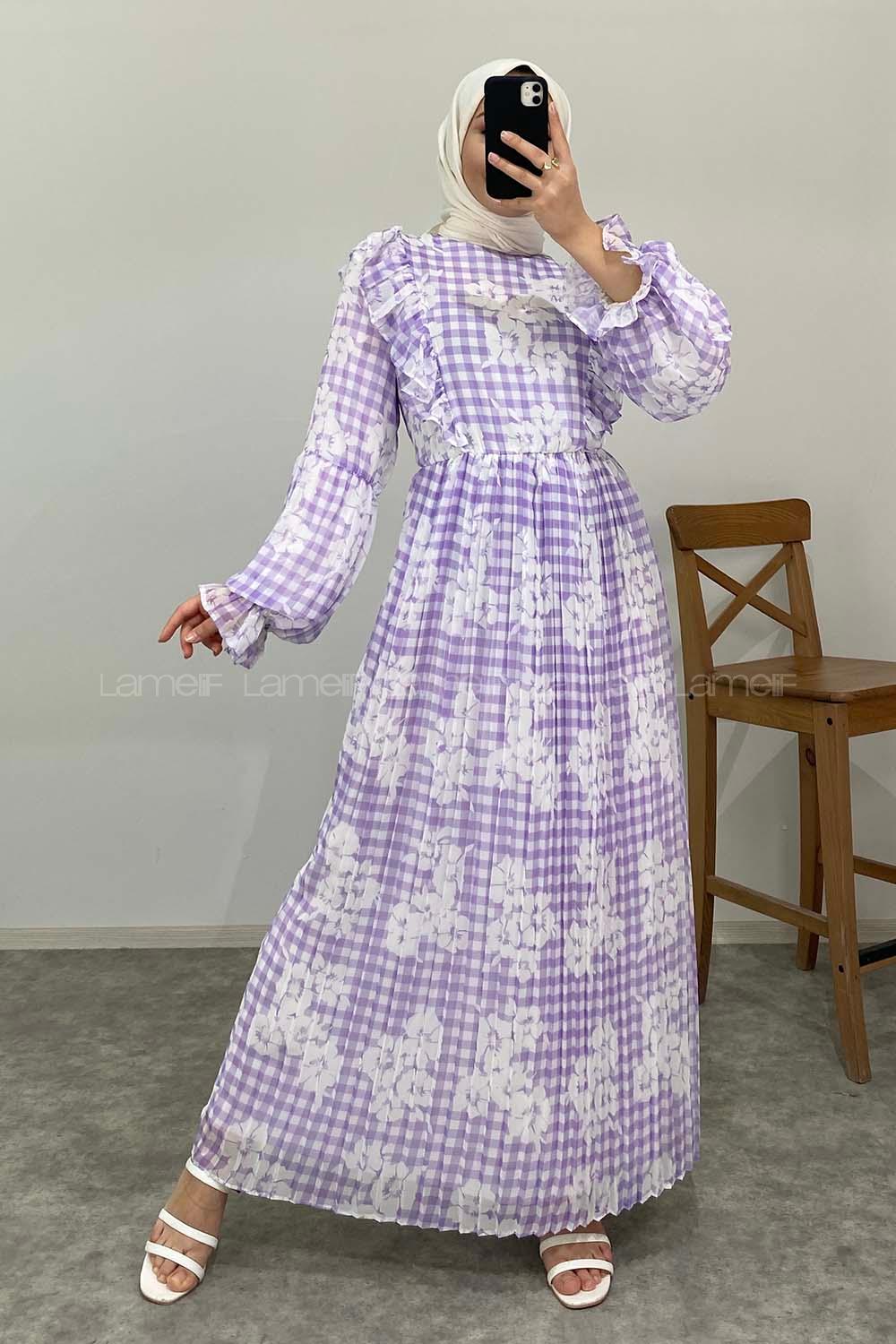 Modalamelif Ekose Desenli Astarlı Şifon Elbise Lila