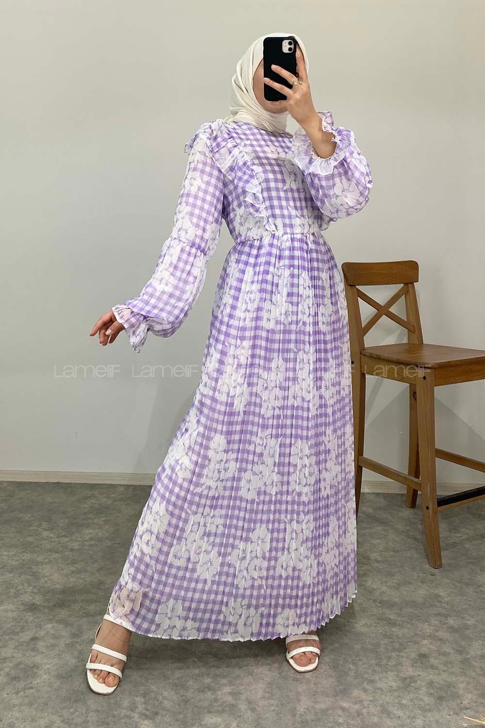 Modalamelif Ekose Desenli Astarlı Şifon Elbise Lila