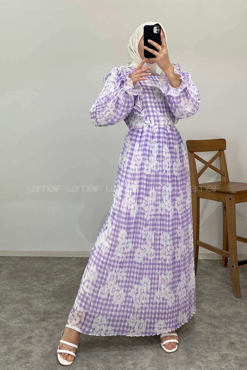 Modalamelif Ekose Desenli Astarlı Şifon Elbise Lila