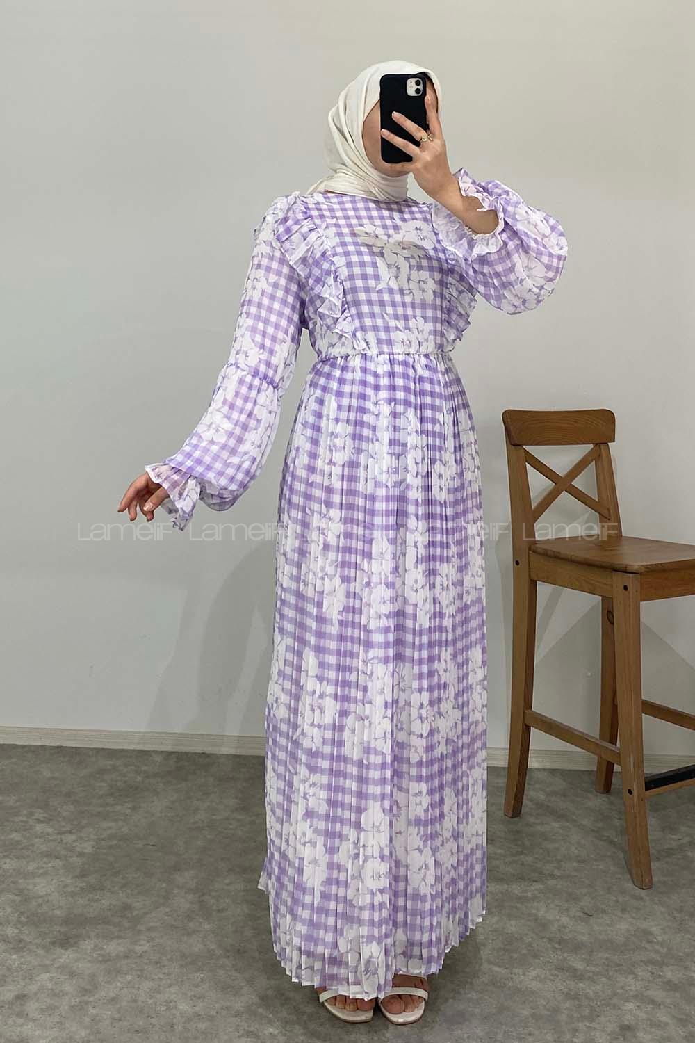 Modalamelif Ekose Desenli Astarlı Şifon Elbise Lila