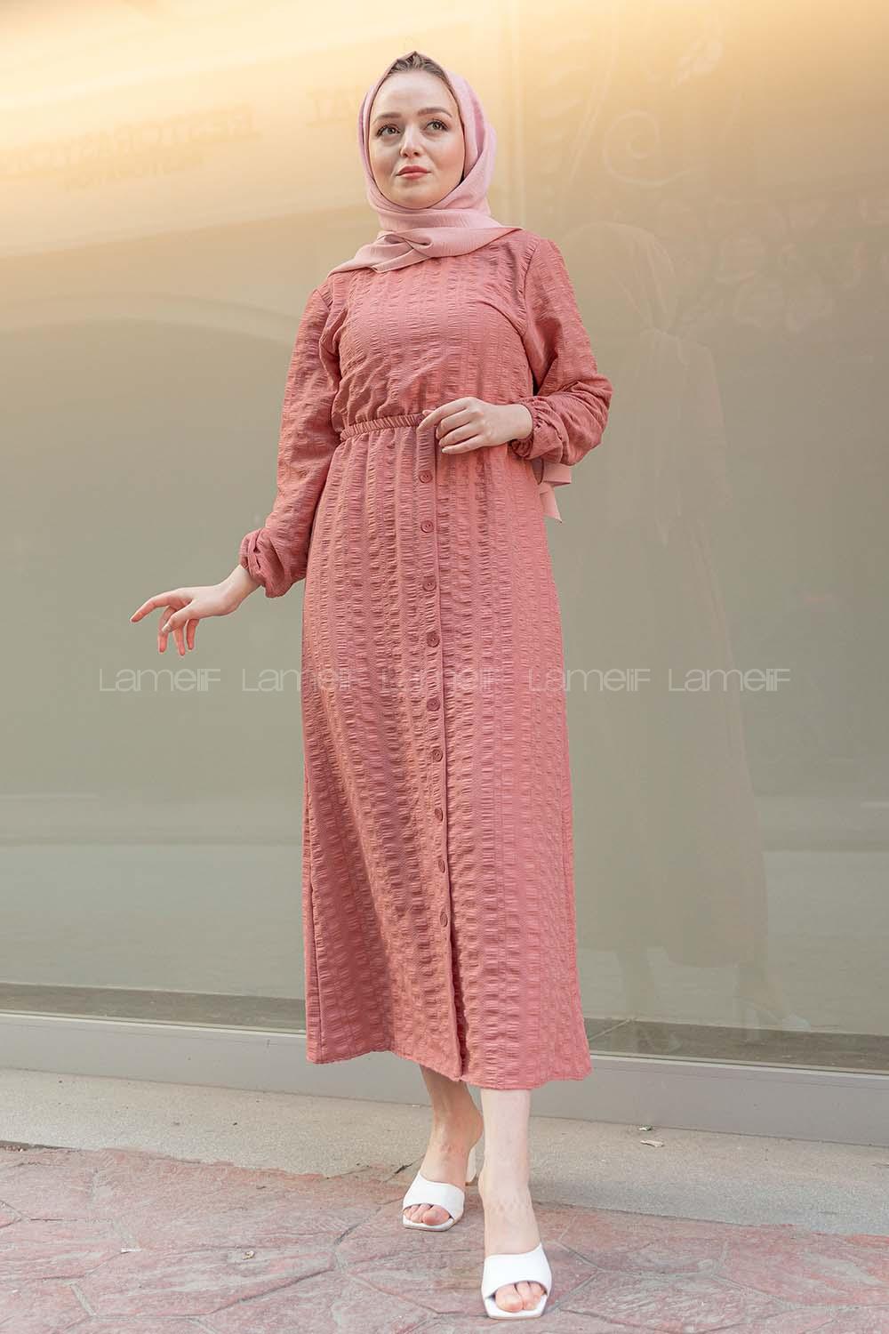 Modalamelif Kol Lastikli Etek Düğmeli Elbise Gül