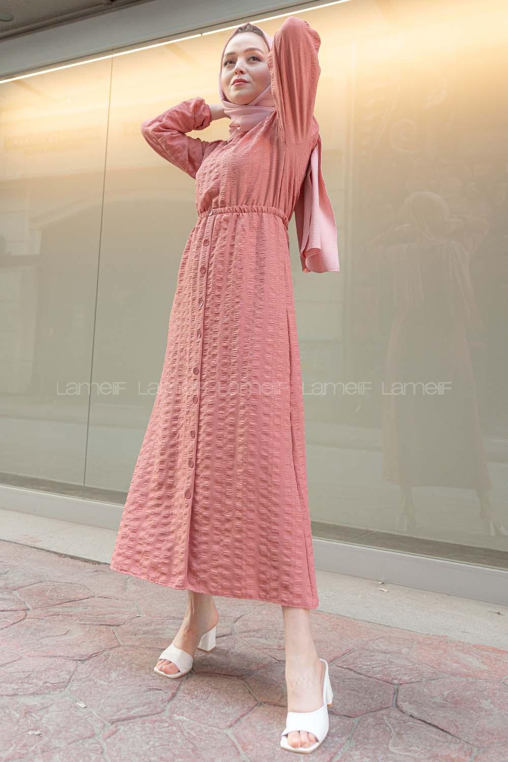 Modalamelif Kol Lastikli Etek Düğmeli Elbise Gül