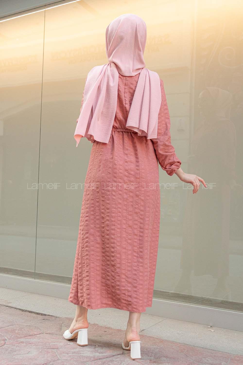 Modalamelif Kol Lastikli Etek Düğmeli Elbise Gül