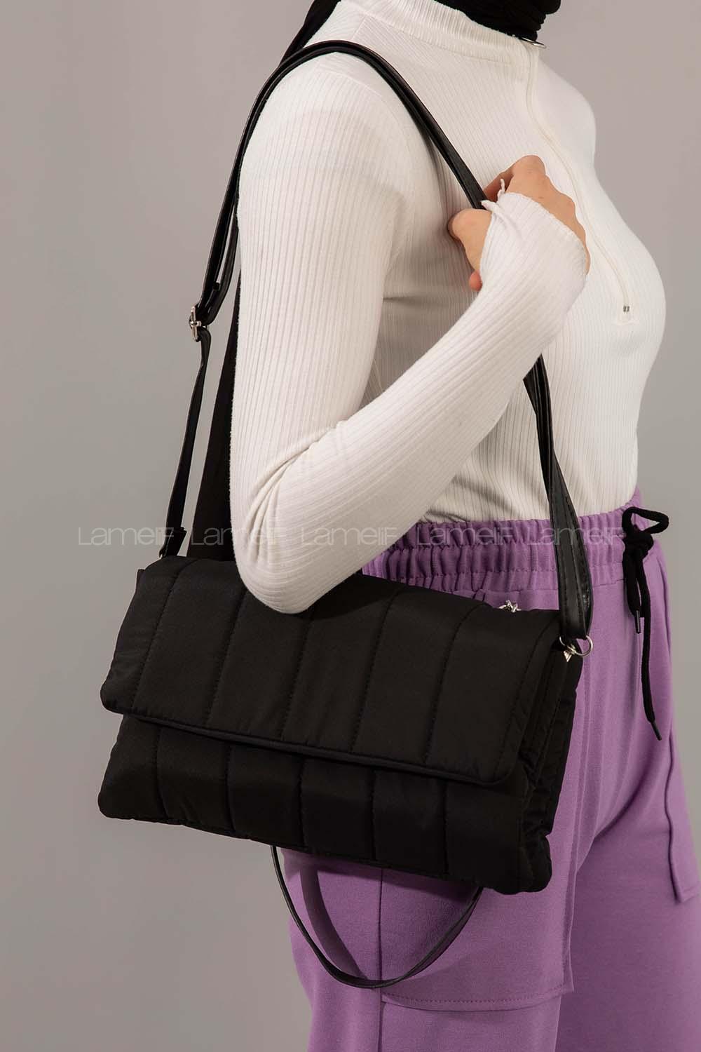 Modalamelif Kabartmalı Puf Kumaş Üç Gözlü Çanta Siyah