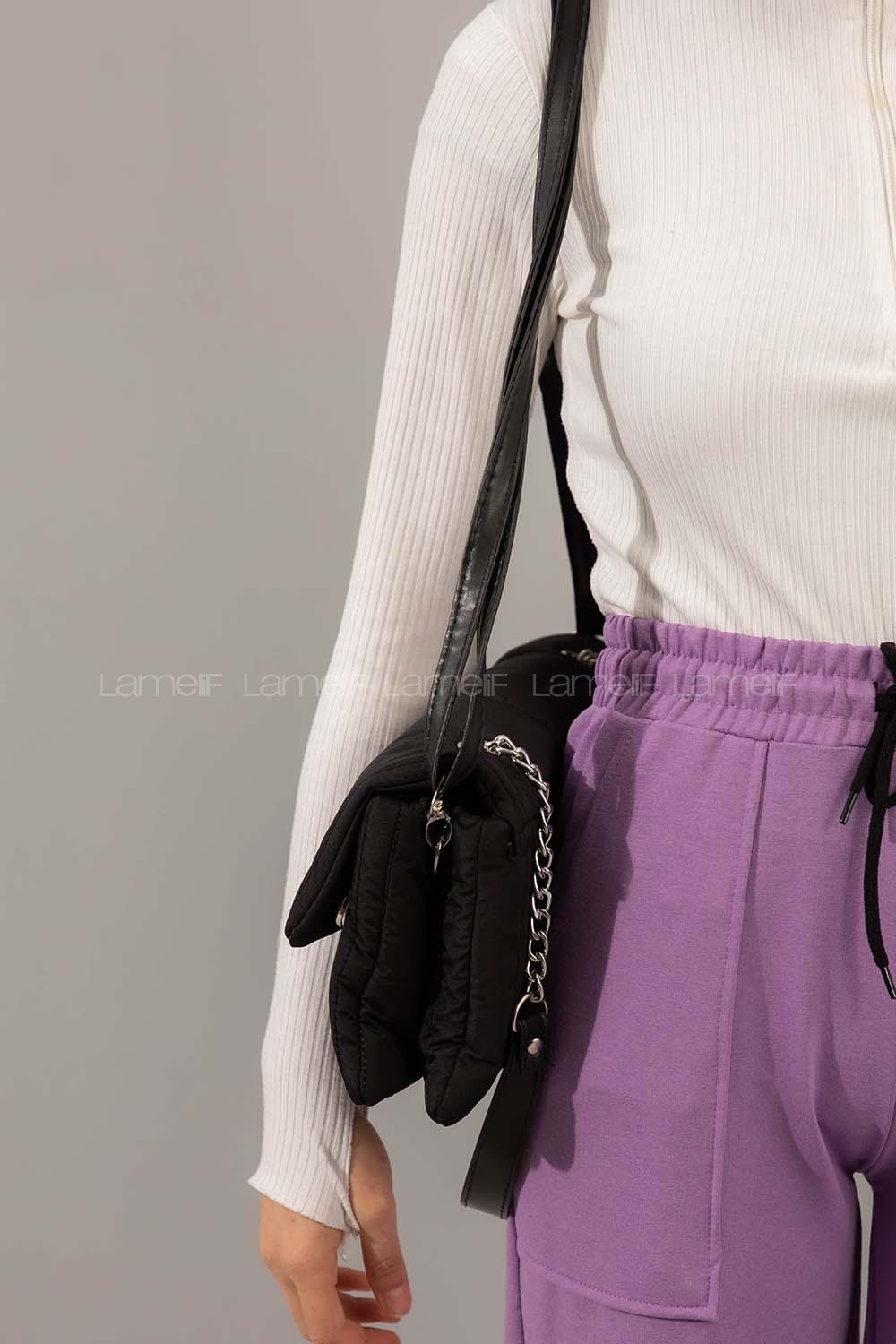 Modalamelif Kabartmalı Puf Kumaş Üç Gözlü Çanta Siyah