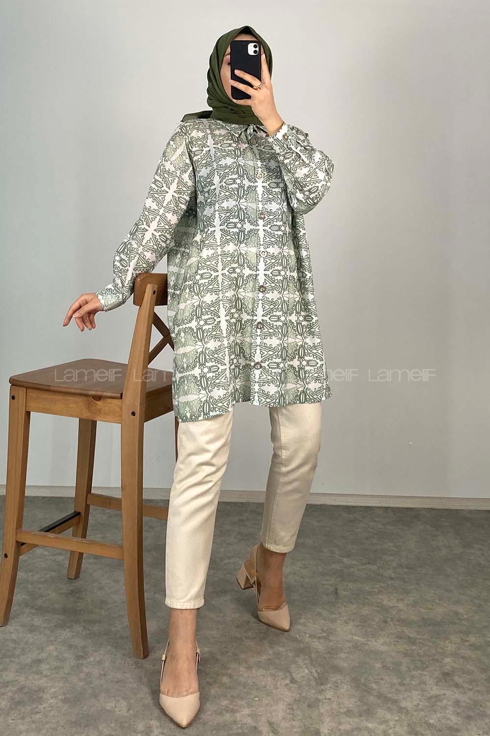 Modalamelif Kilim Desen Dijital Baskı Gömlek Çağla