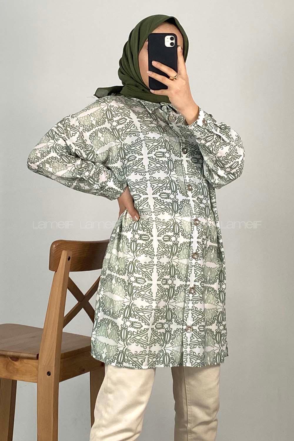 Modalamelif Kilim Desen Dijital Baskı Gömlek Çağla