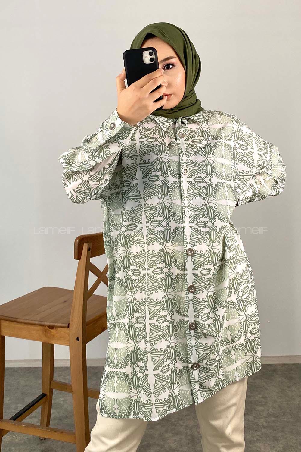 Modalamelif Kilim Desen Dijital Baskı Gömlek Çağla