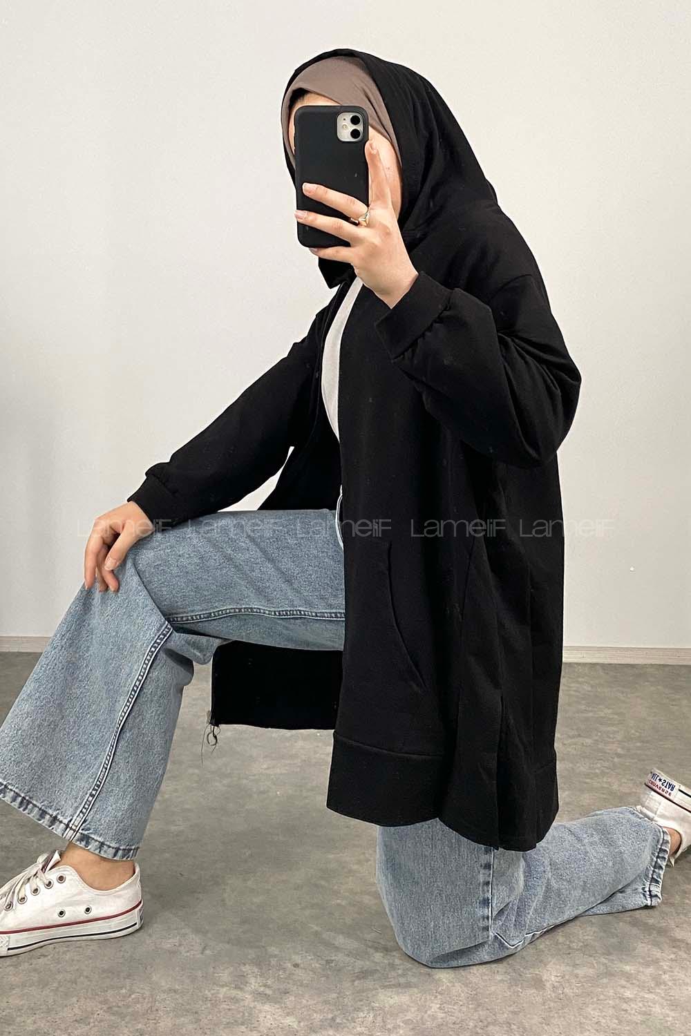 Lamelif Önü Fermuarlı Kapüşonlu Hırka Siyah