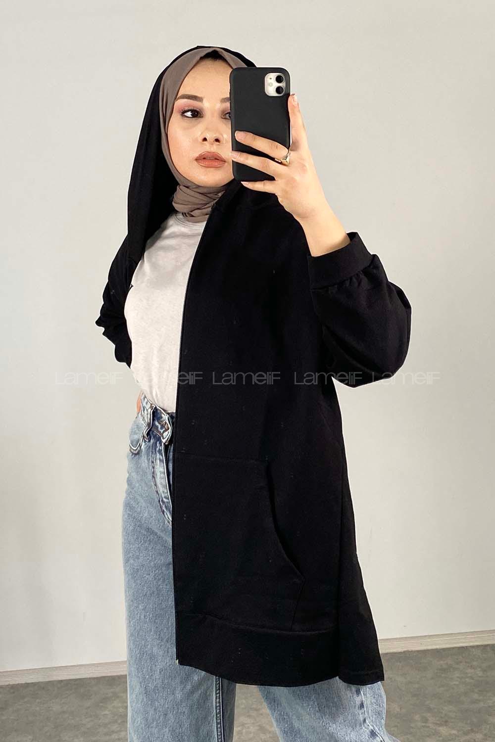 Lamelif Önü Fermuarlı Kapüşonlu Hırka Siyah