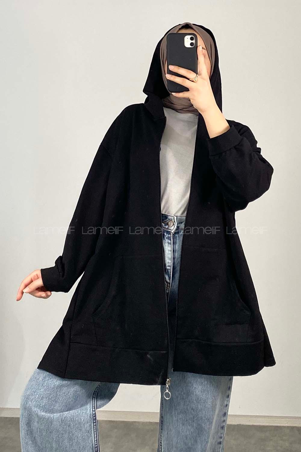 Lamelif Önü Fermuarlı Kapüşonlu Hırka Siyah