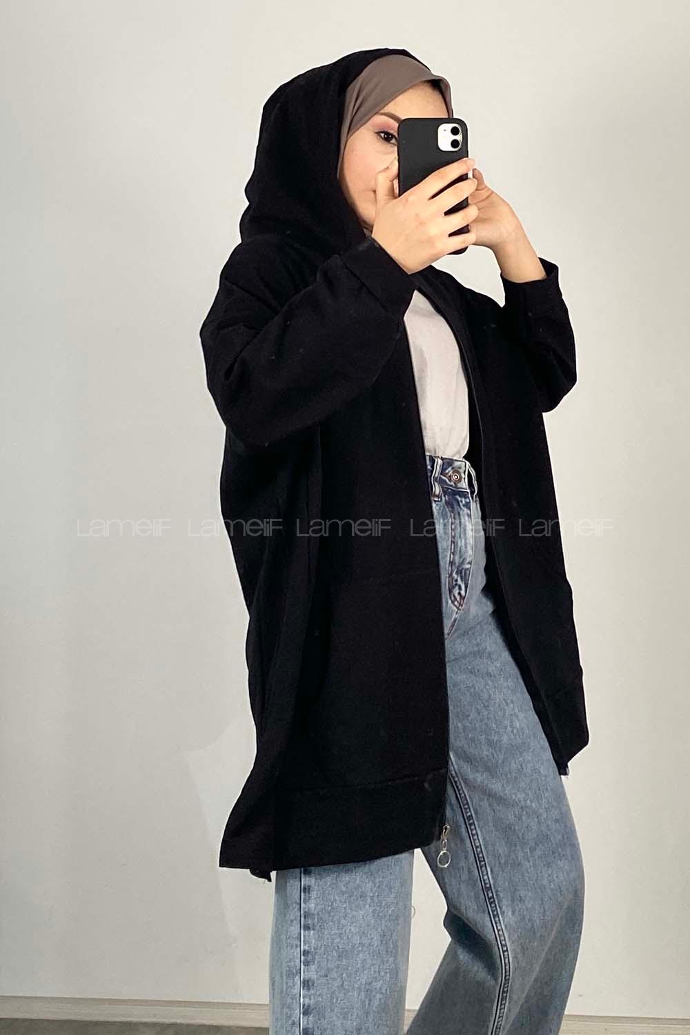 Lamelif Önü Fermuarlı Kapüşonlu Hırka Siyah