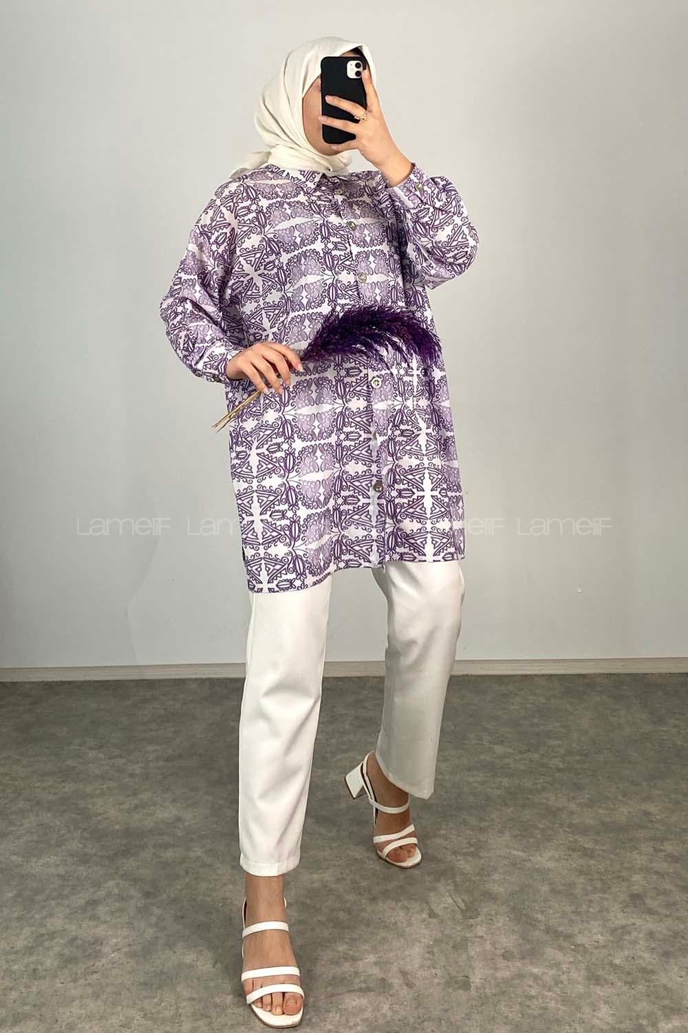 Modalamelif Soyut  Desen Dijital Baskı Gömlek Mor