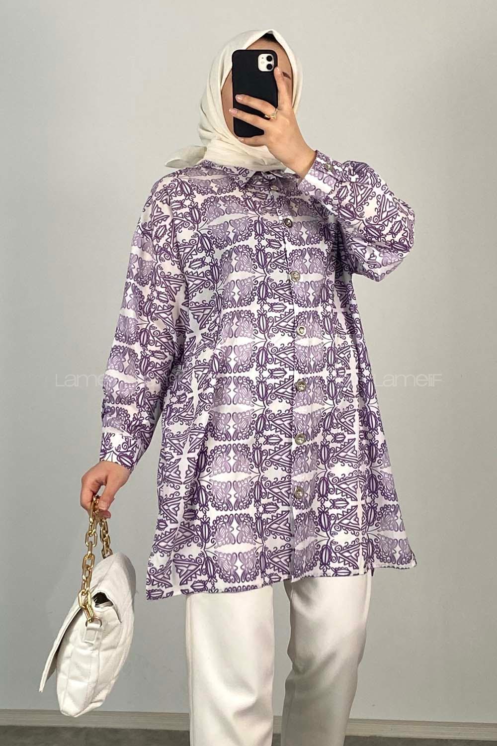 Modalamelif Soyut  Desen Dijital Baskı Gömlek Mor