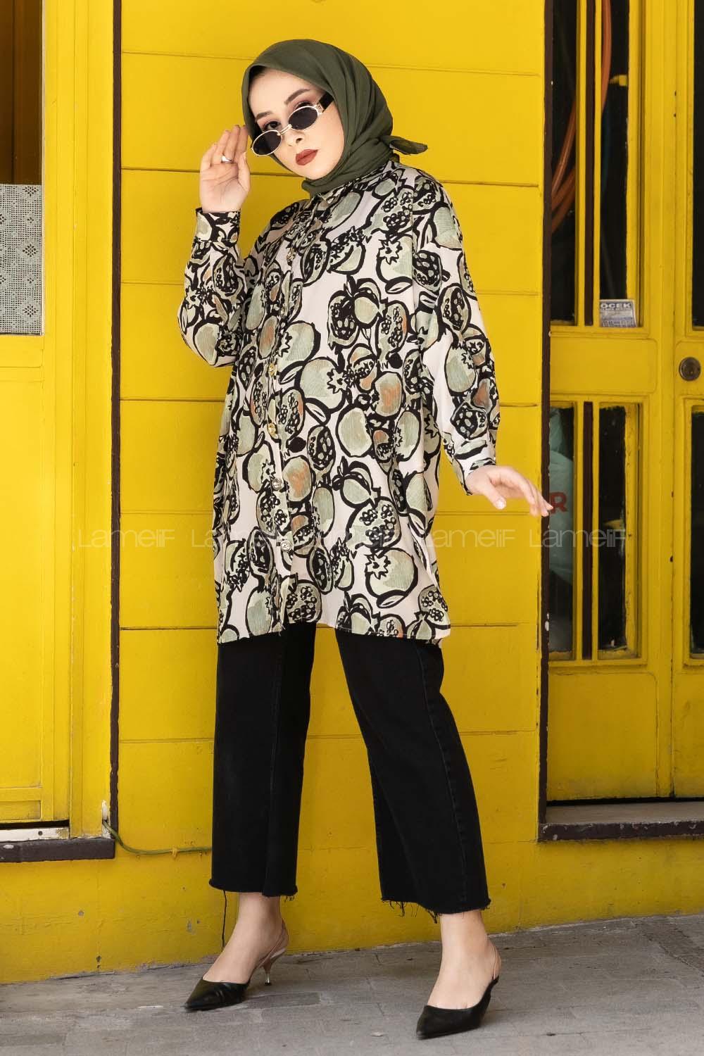 Modalamelif Soyut  Desen Dijital Baskı Gömlek Yeşil