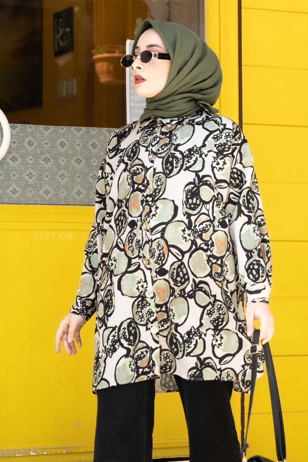 Modalamelif Soyut  Desen Dijital Baskı Gömlek Yeşil