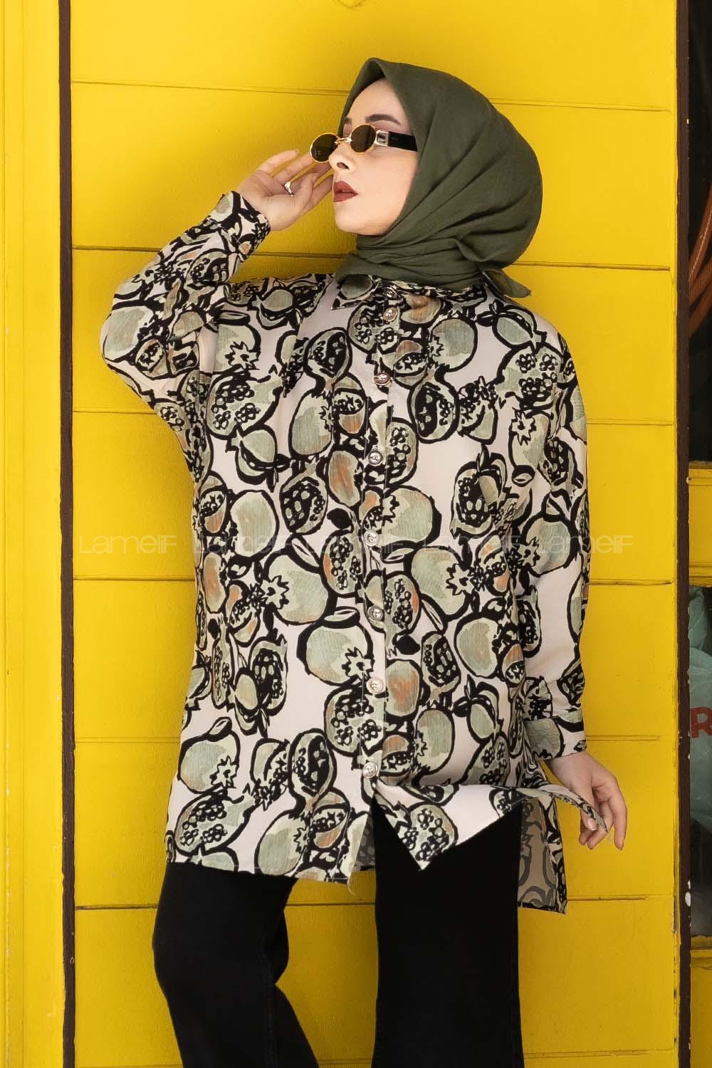 Modalamelif Soyut  Desen Dijital Baskı Gömlek Yeşil