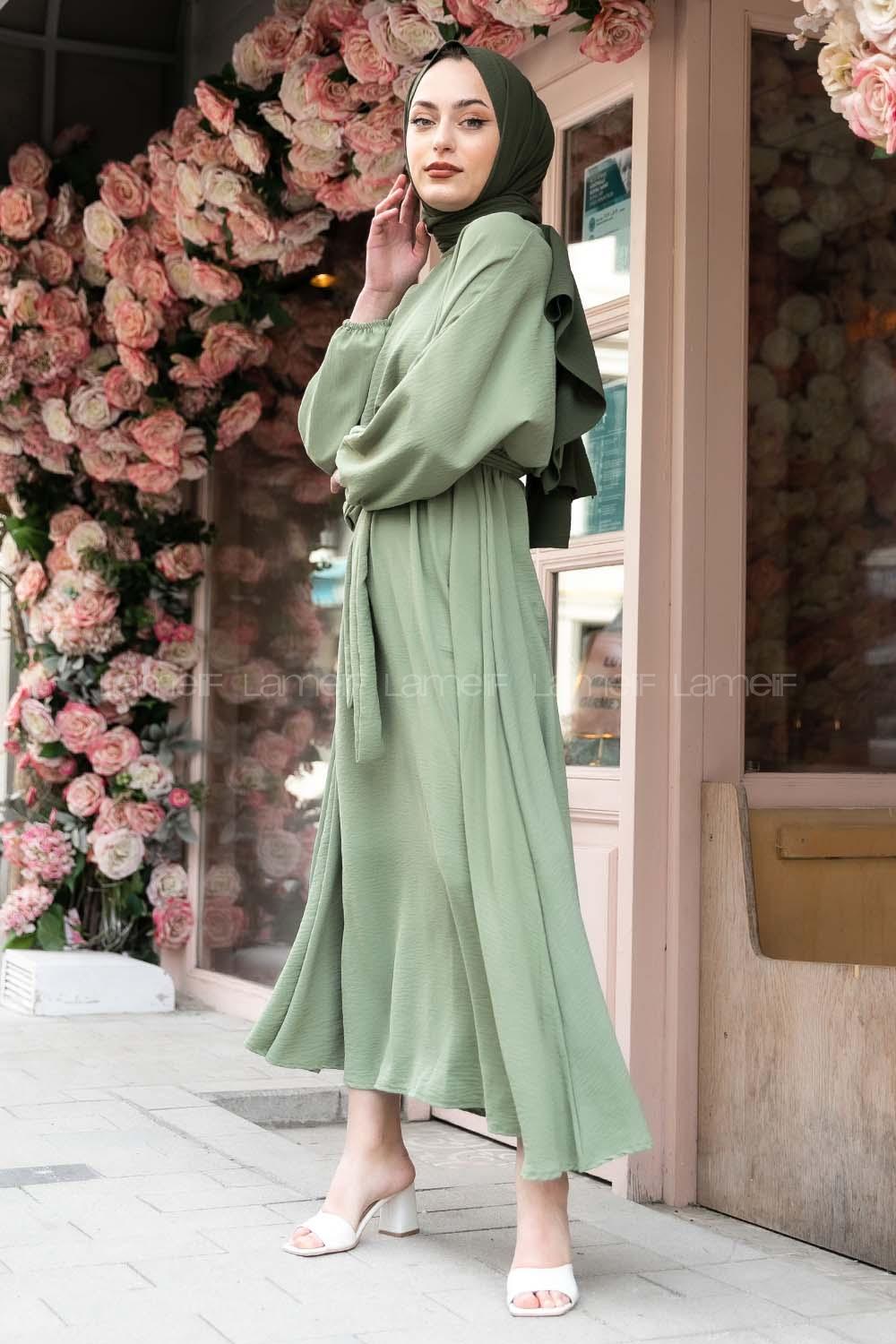 Modalamelif Yarasa Kol Prenses Elbise Çağla Yeşili