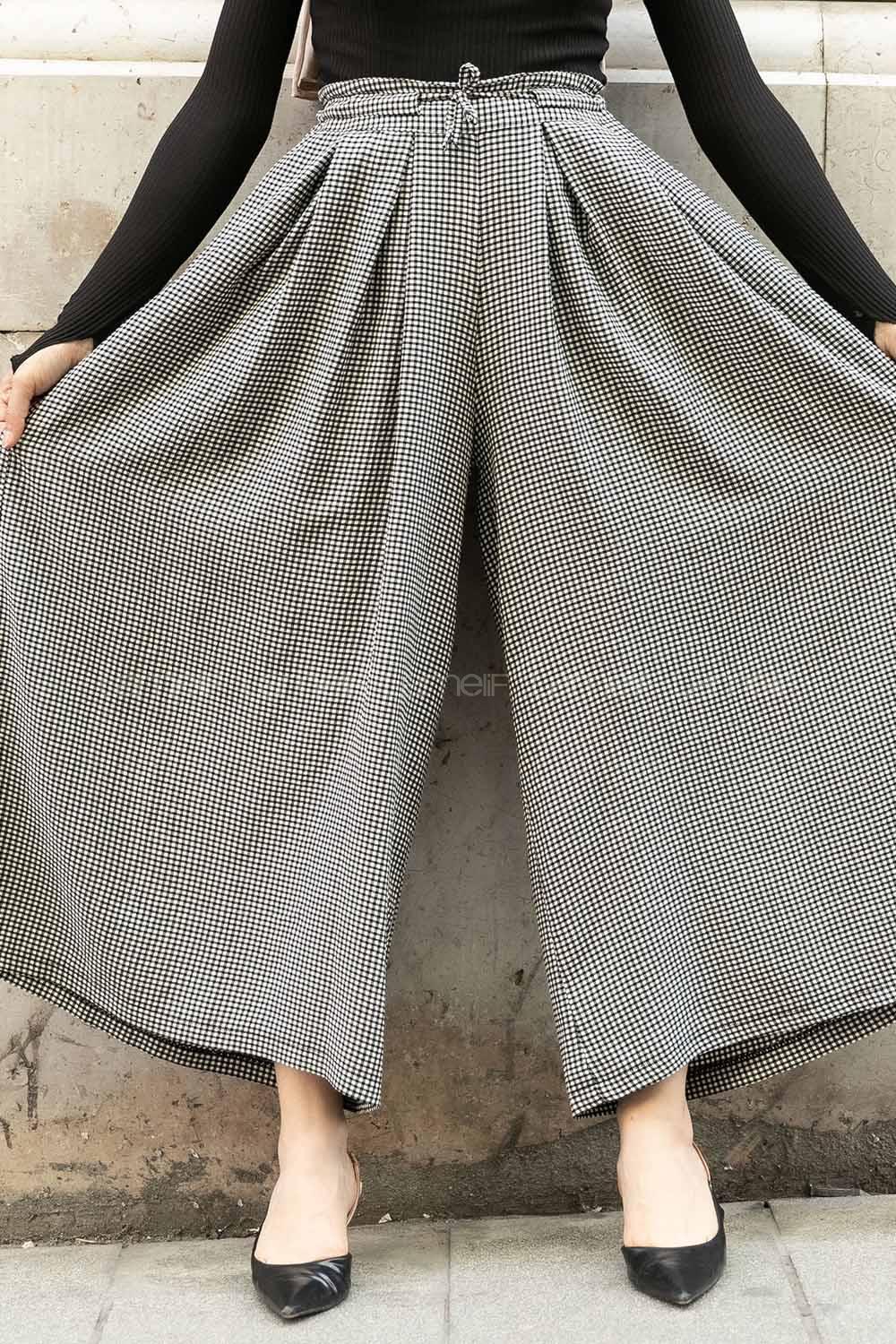 Modalamelif Bel Lastikli Pötikare Etek Pantolon Siyah