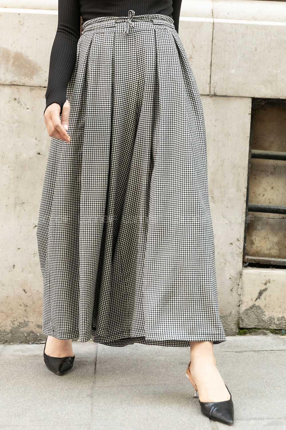 Modalamelif Bel Lastikli Pötikare Etek Pantolon Siyah