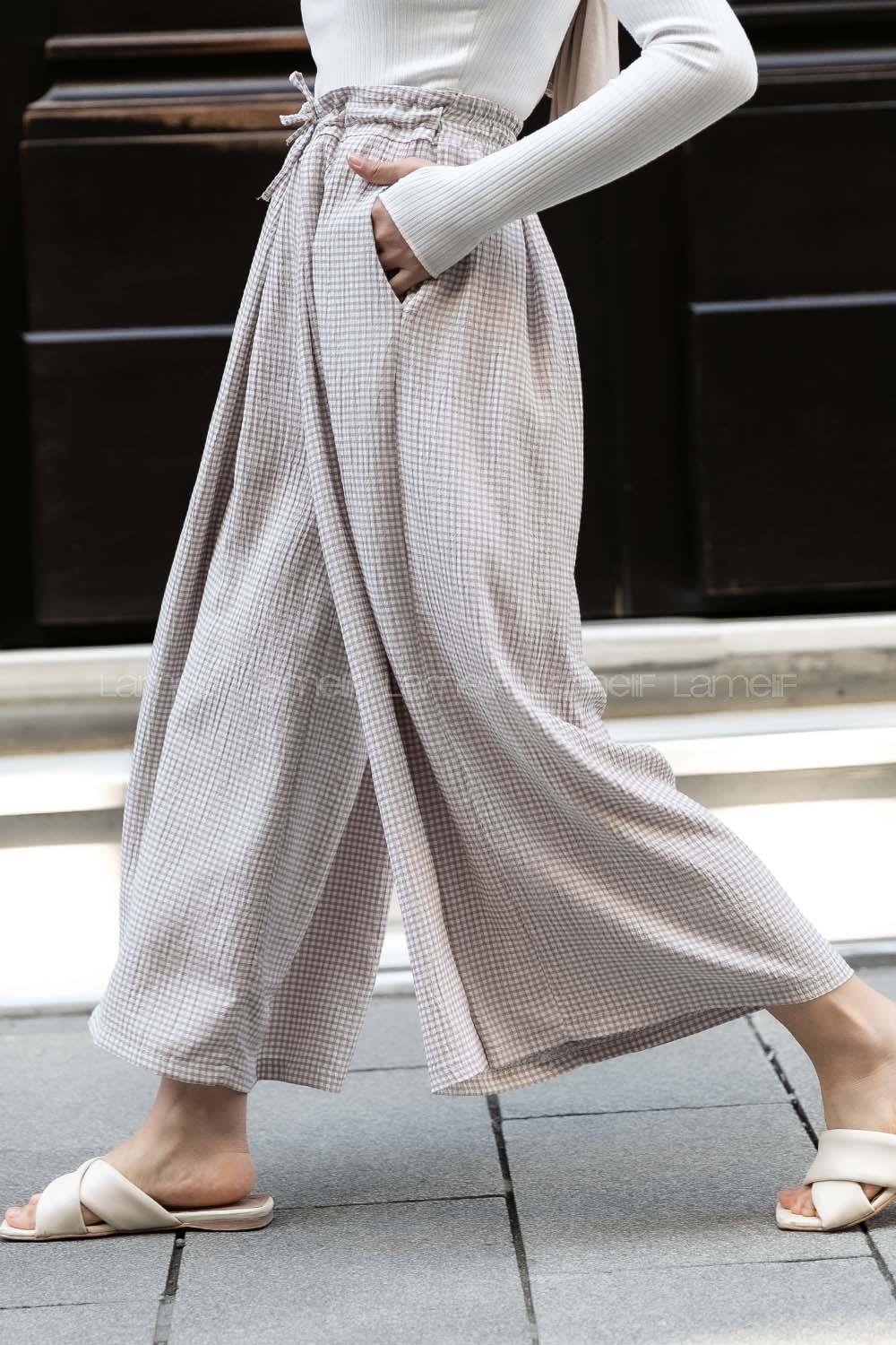 Modalamelif Bel Lastikli Pötikare Etek Pantolon Sütlü Kahve