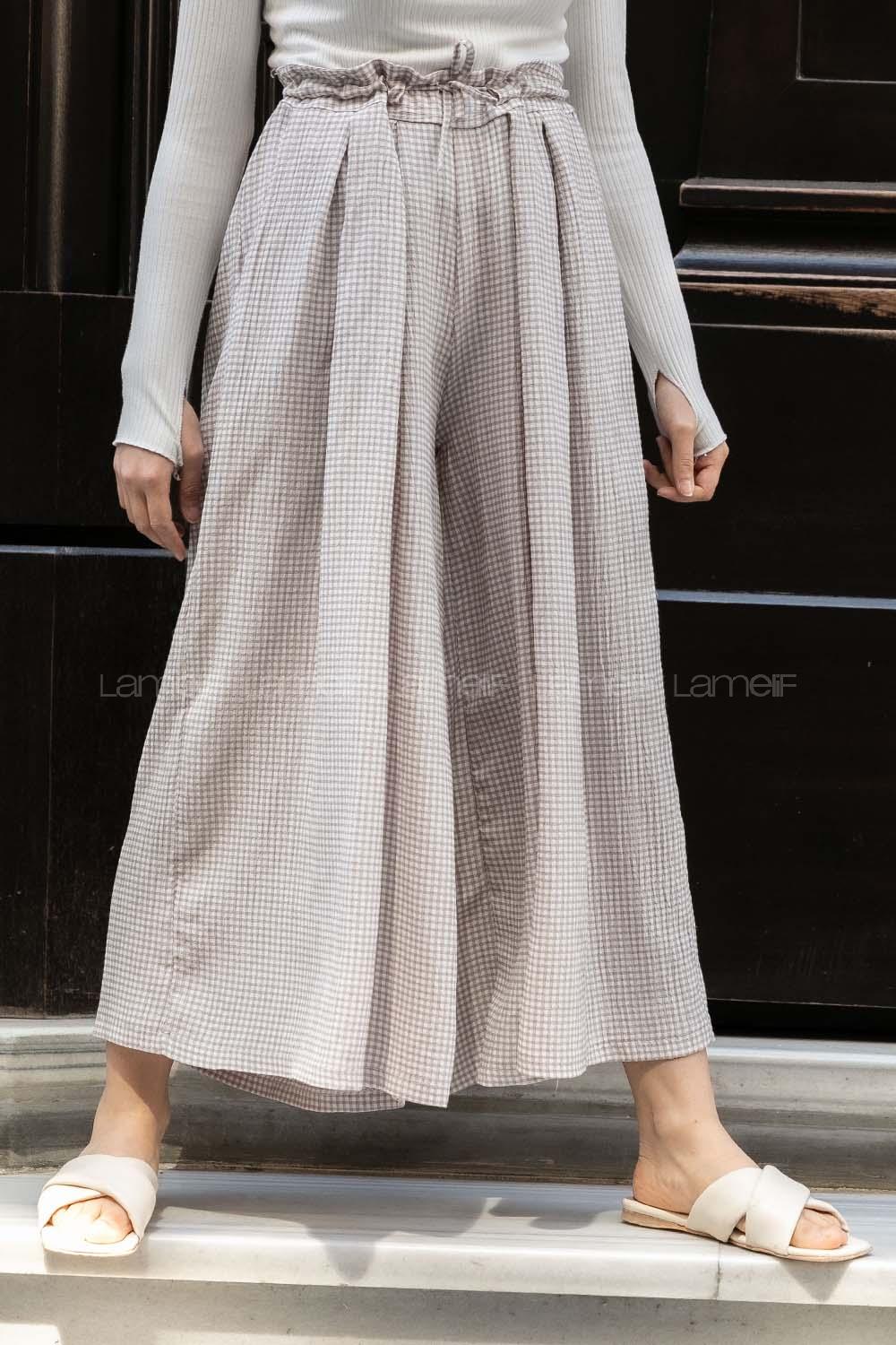 Modalamelif Bel Lastikli Pötikare Etek Pantolon Sütlü Kahve