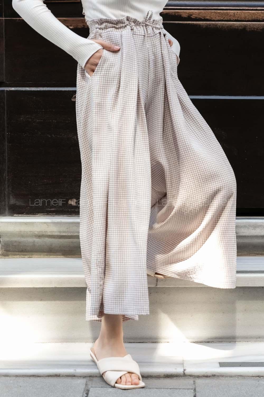 Modalamelif Bel Lastikli Pötikare Etek Pantolon Sütlü Kahve