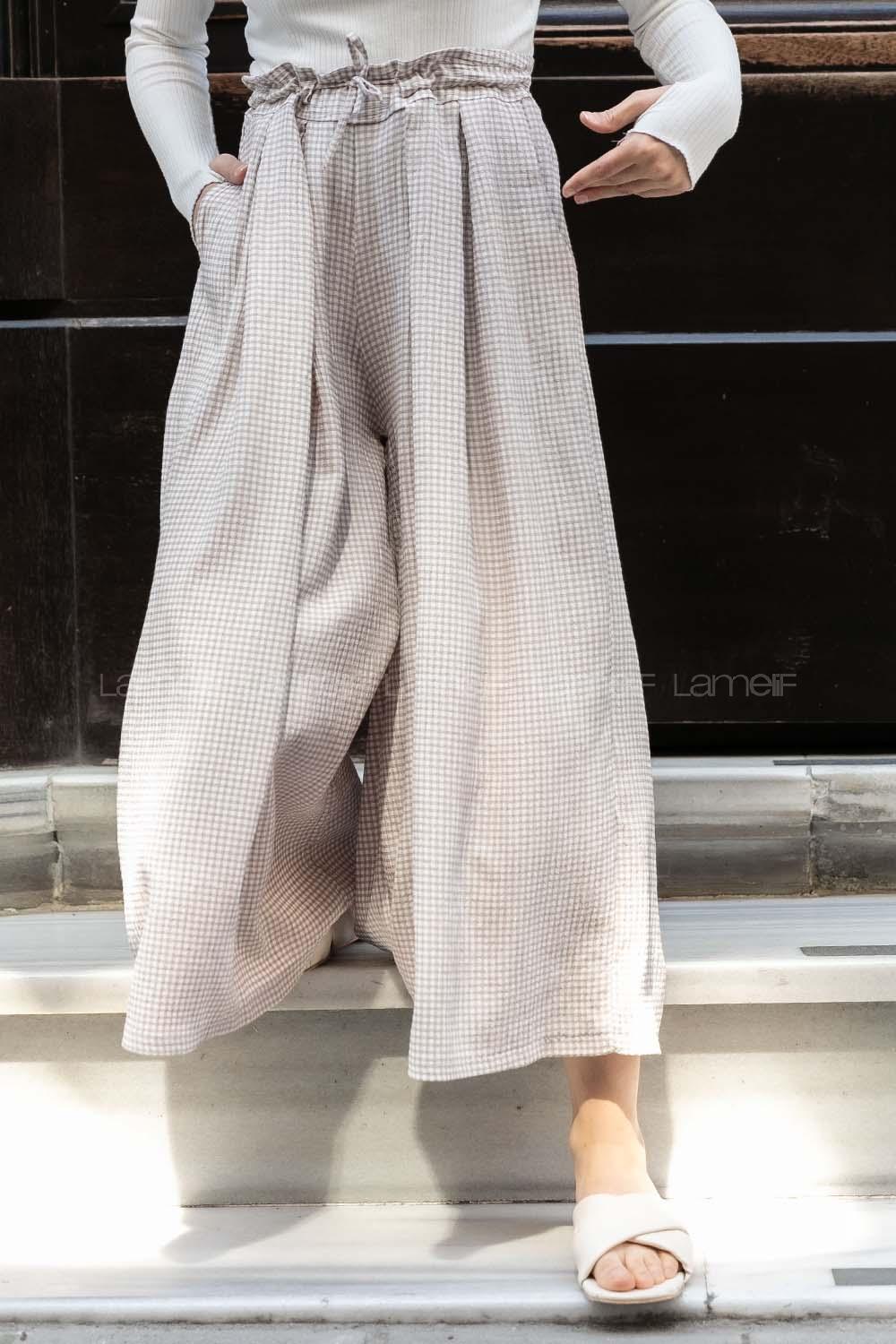 Modalamelif Bel Lastikli Pötikare Etek Pantolon Sütlü Kahve