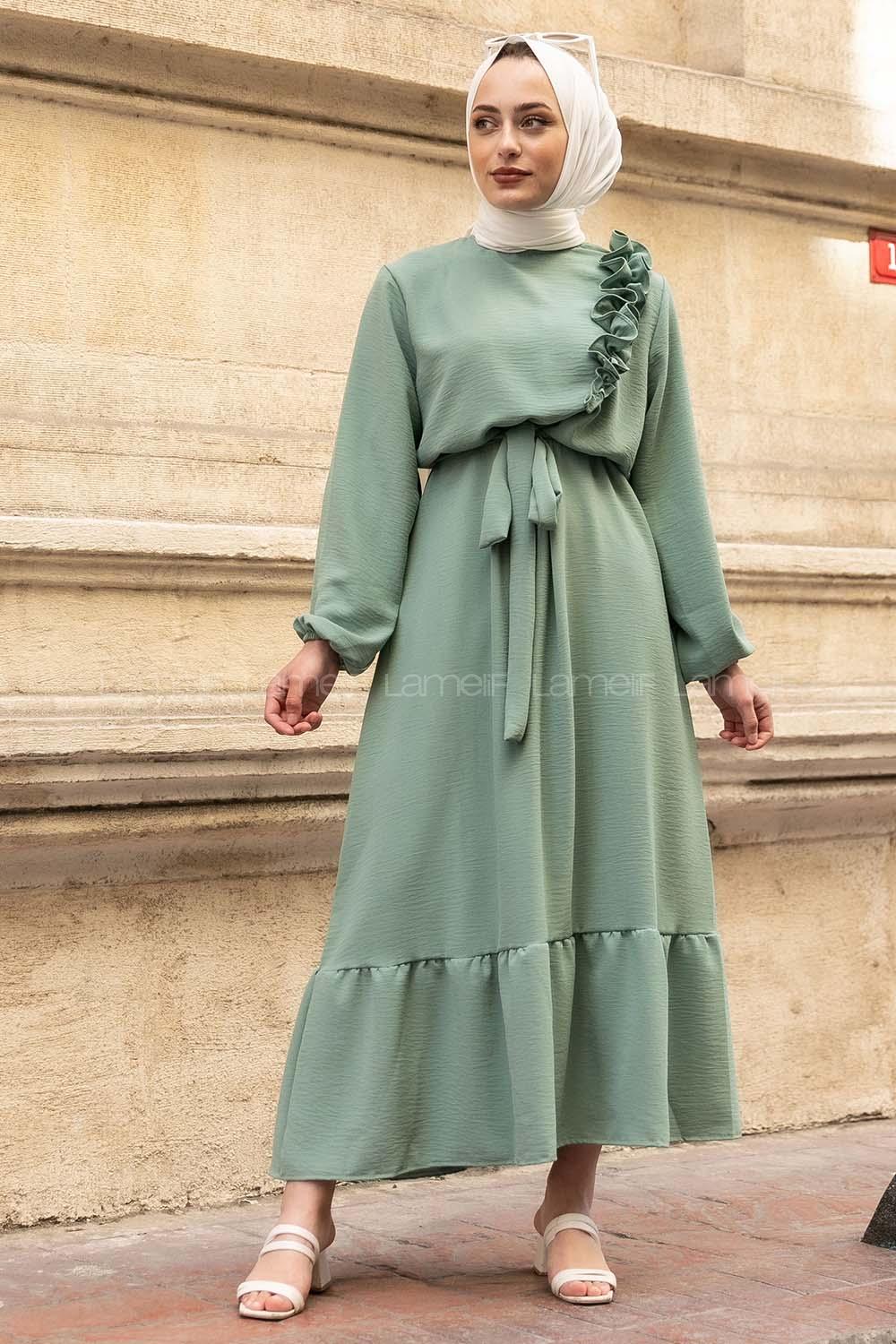 Modalamelif Omuz Fırfırlı Kuşaklı Elbise Çağla Yeşili