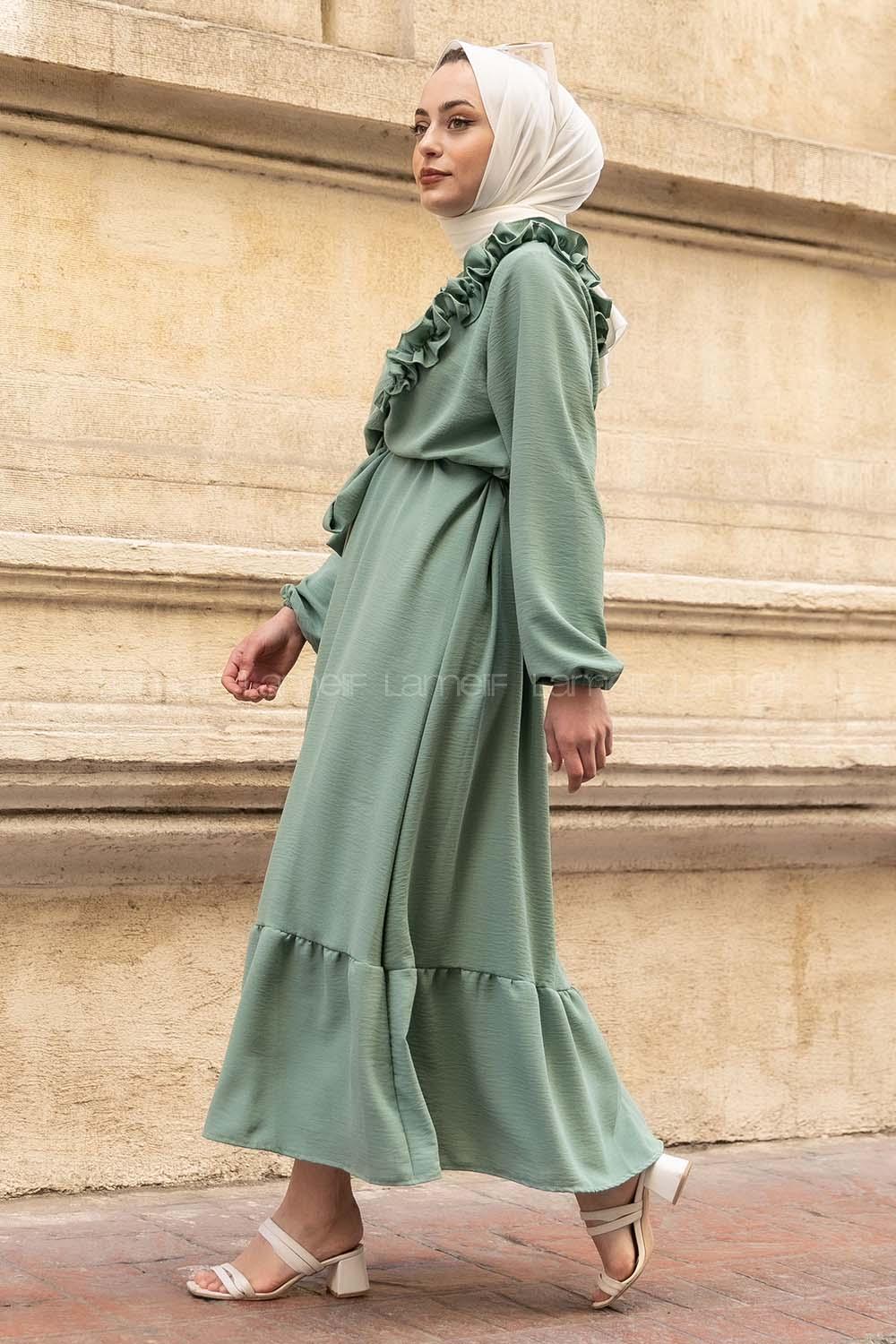 Modalamelif Omuz Fırfırlı Kuşaklı Elbise Çağla Yeşili