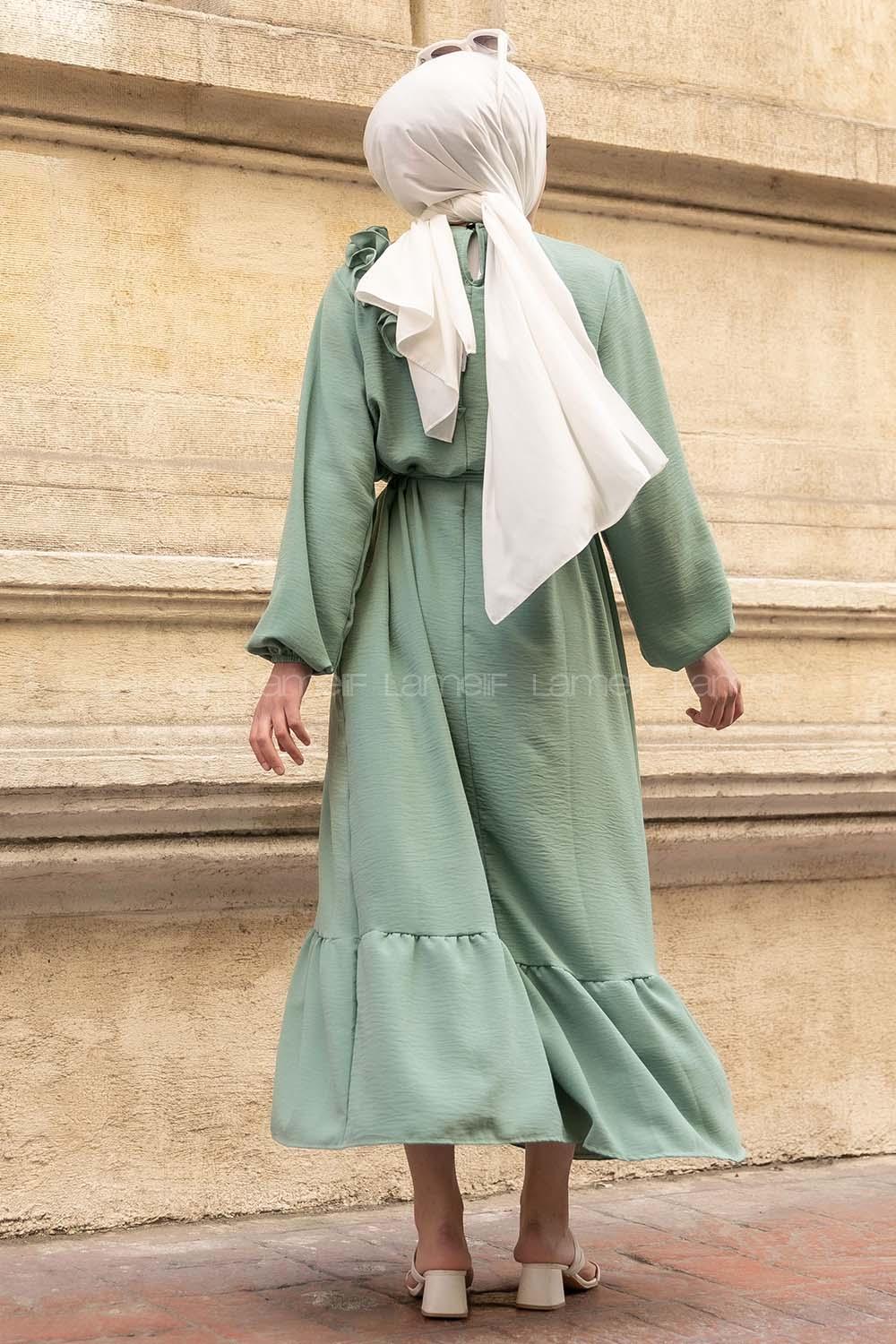 Modalamelif Omuz Fırfırlı Kuşaklı Elbise Çağla Yeşili