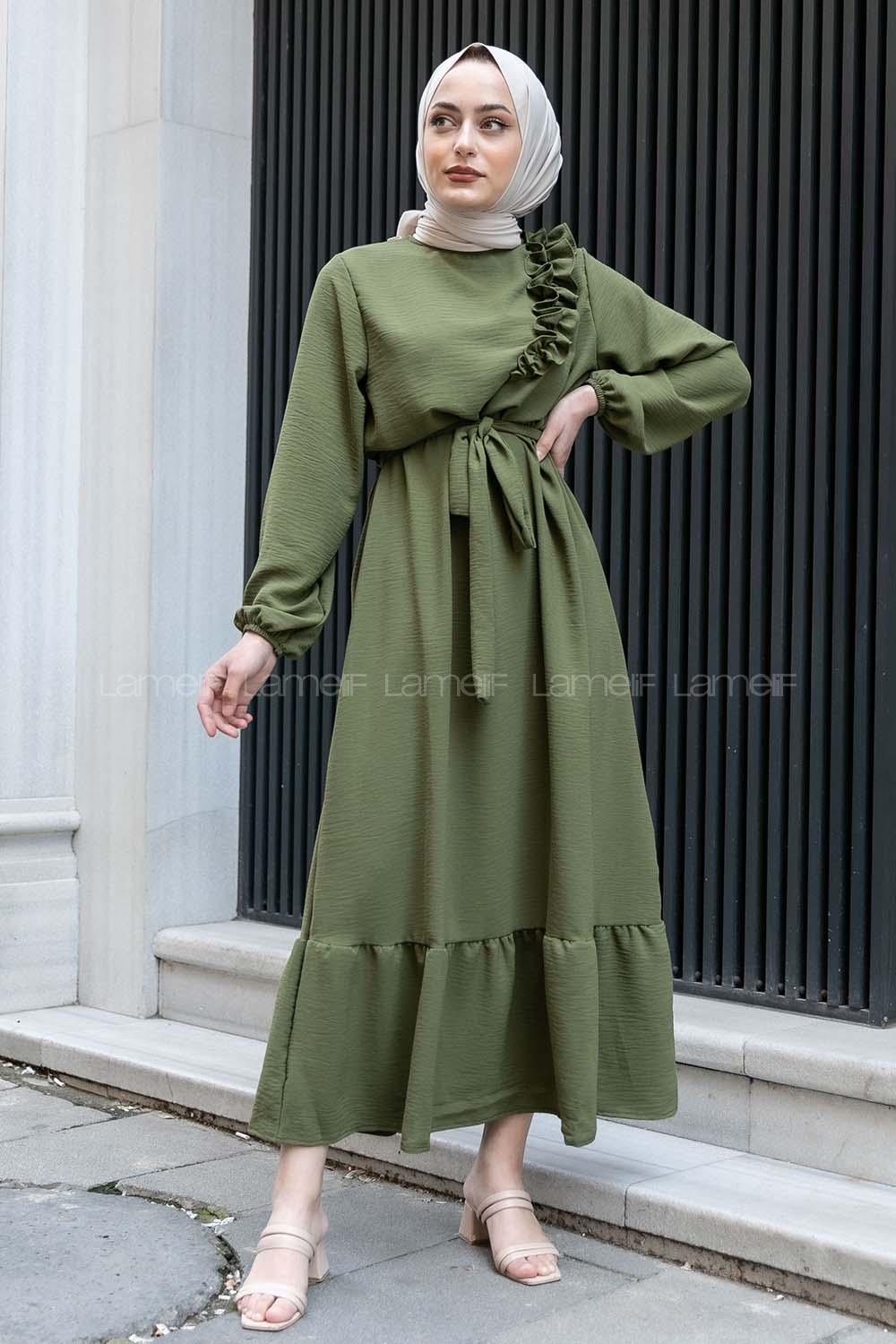 Modalamelif Omuz Fırfırlı Kuşaklı Elbise Haki