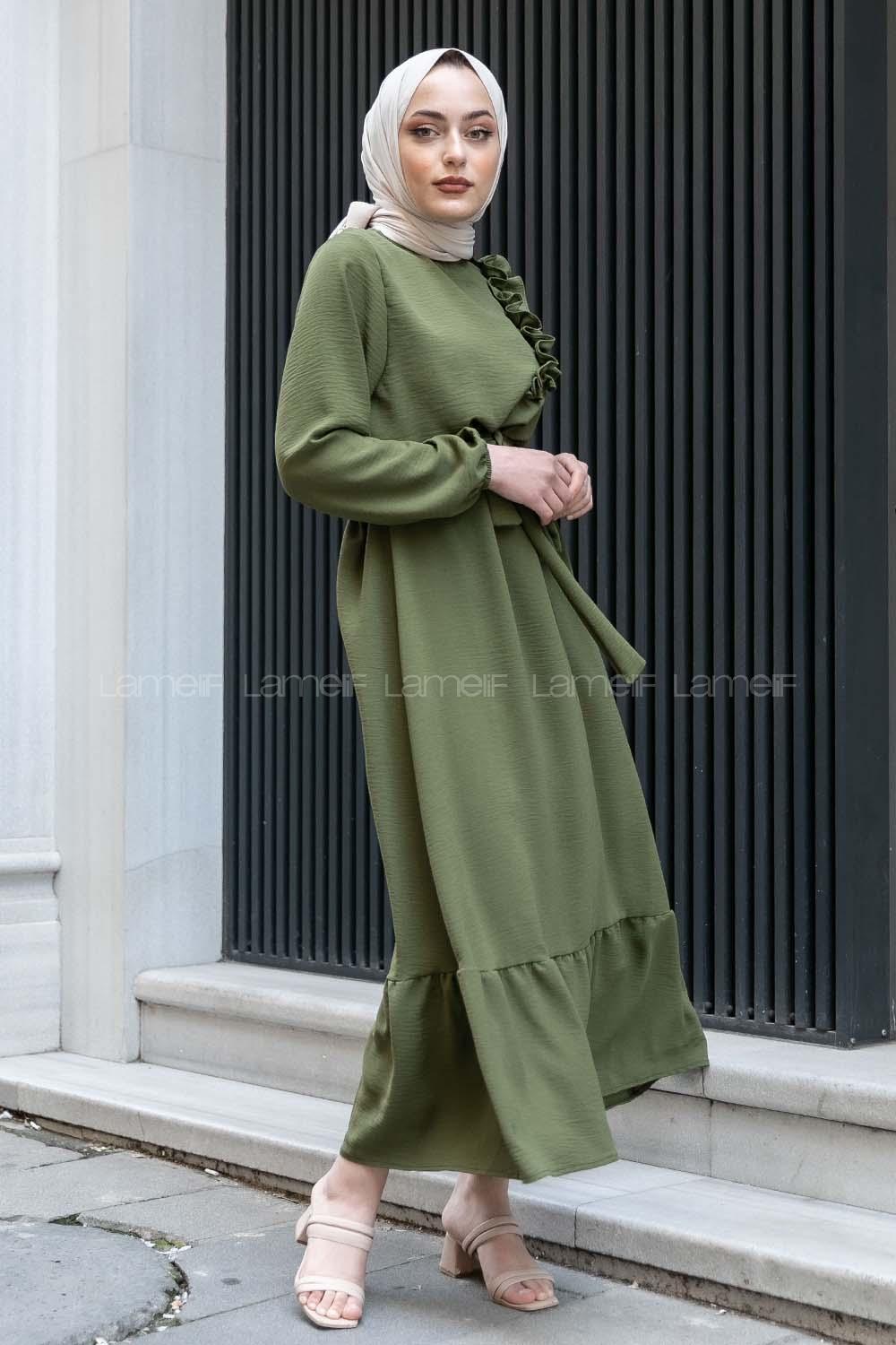 Modalamelif Omuz Fırfırlı Kuşaklı Elbise Haki