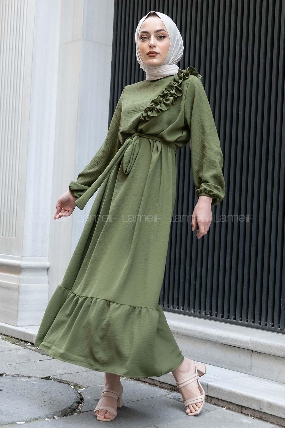 Modalamelif Omuz Fırfırlı Kuşaklı Elbise Haki