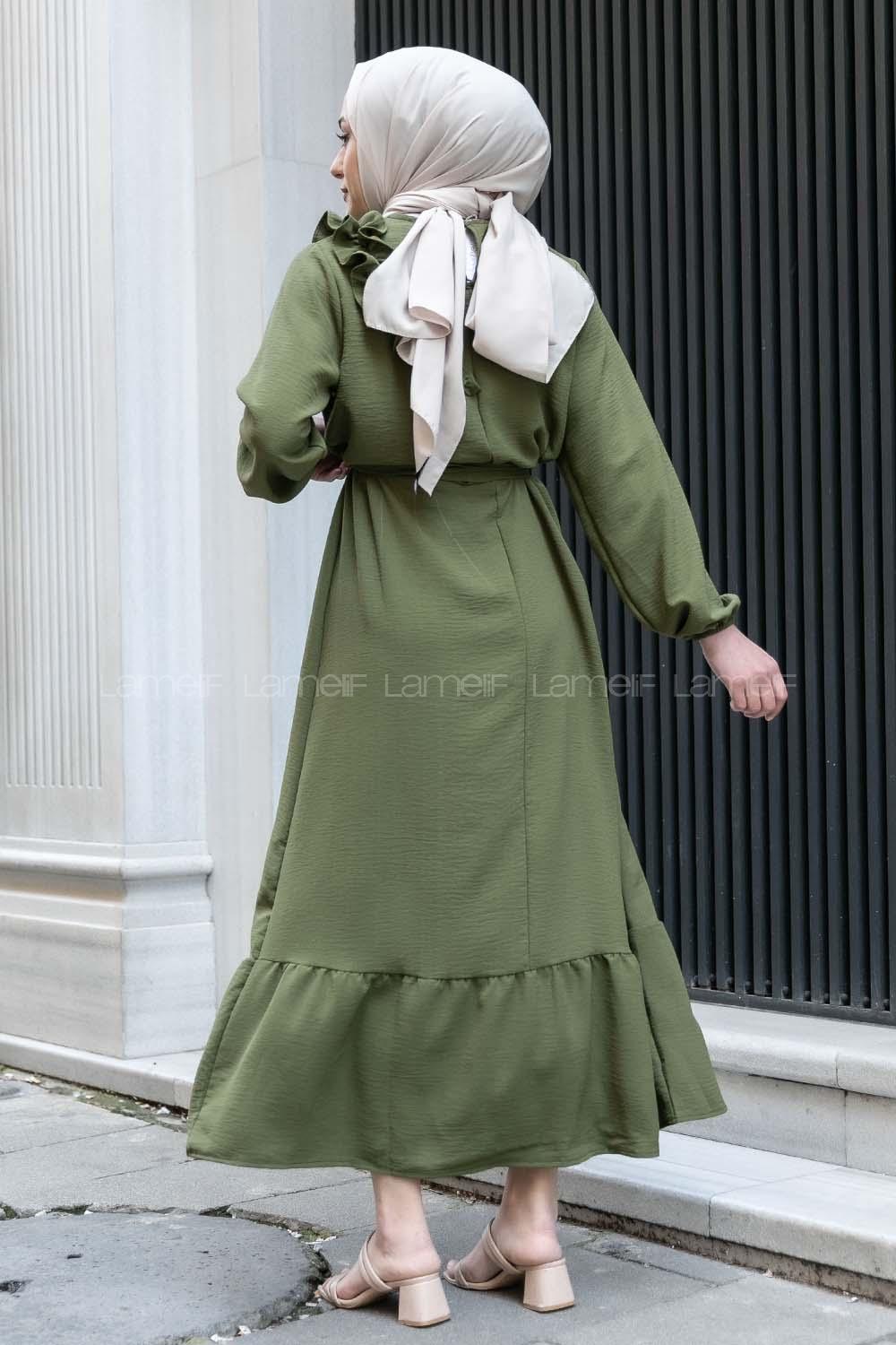 Modalamelif Omuz Fırfırlı Kuşaklı Elbise Haki