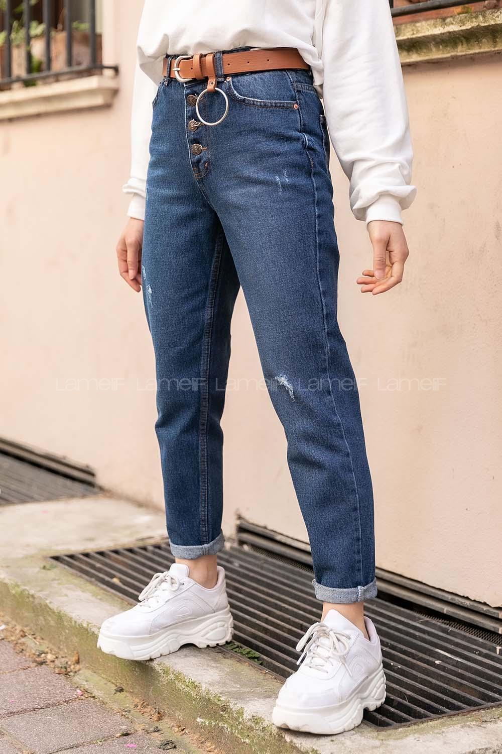 Modalamelif Ön Düğmeli  Tırnaklı Mom Jean Mavi