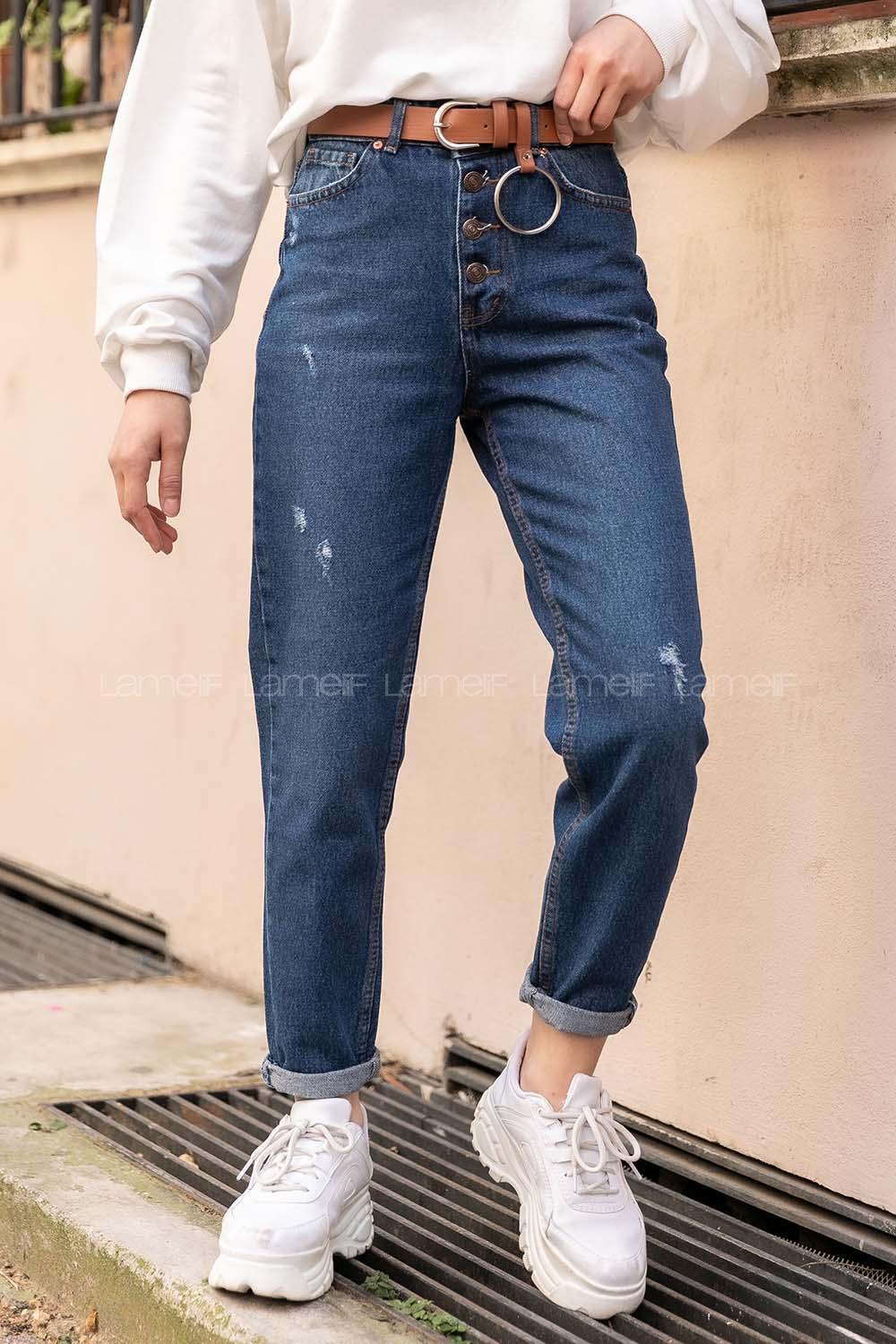 Modalamelif Ön Düğmeli  Tırnaklı Mom Jean Mavi